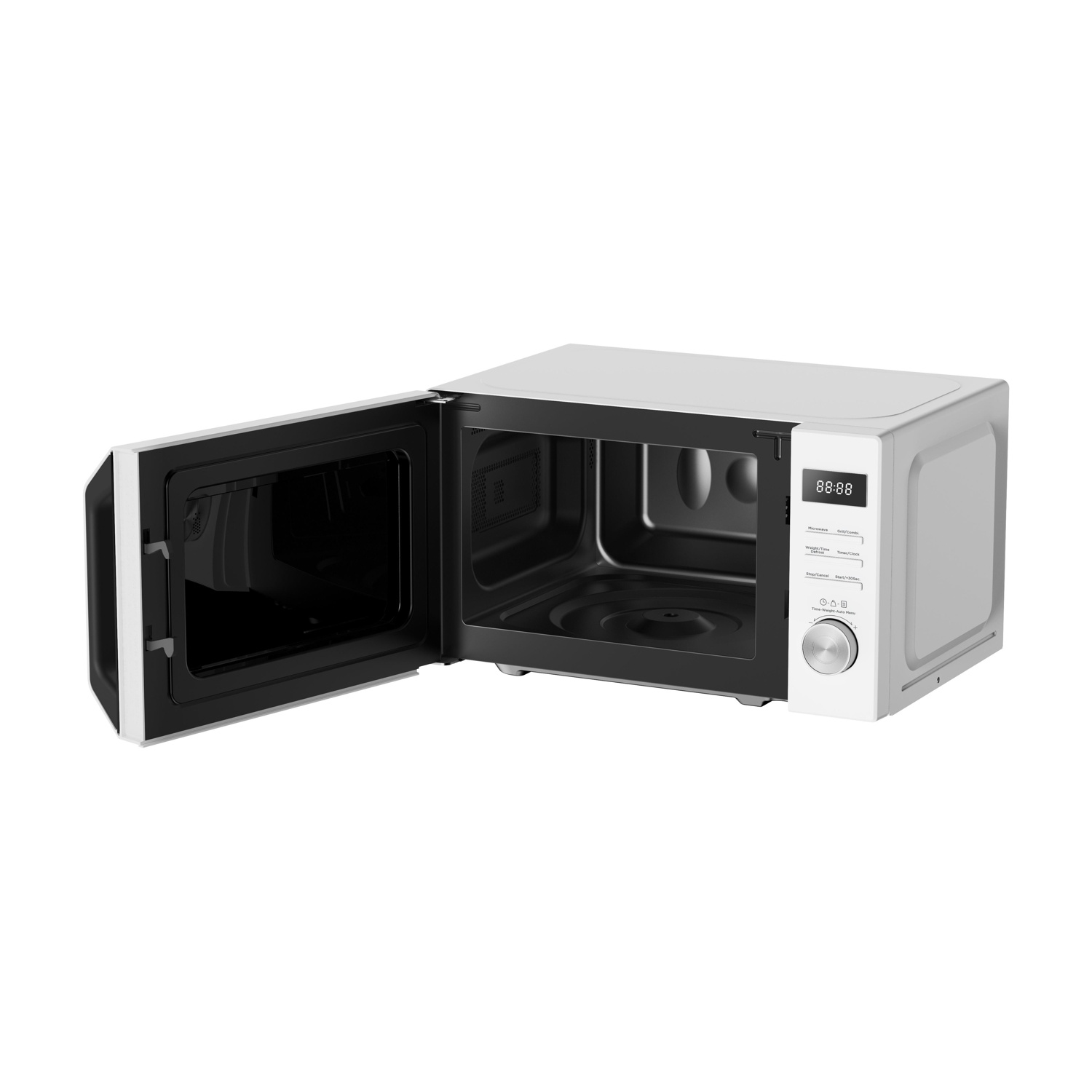 Un forno a microonde bianco con la porta aperta, che rivela l'interno.