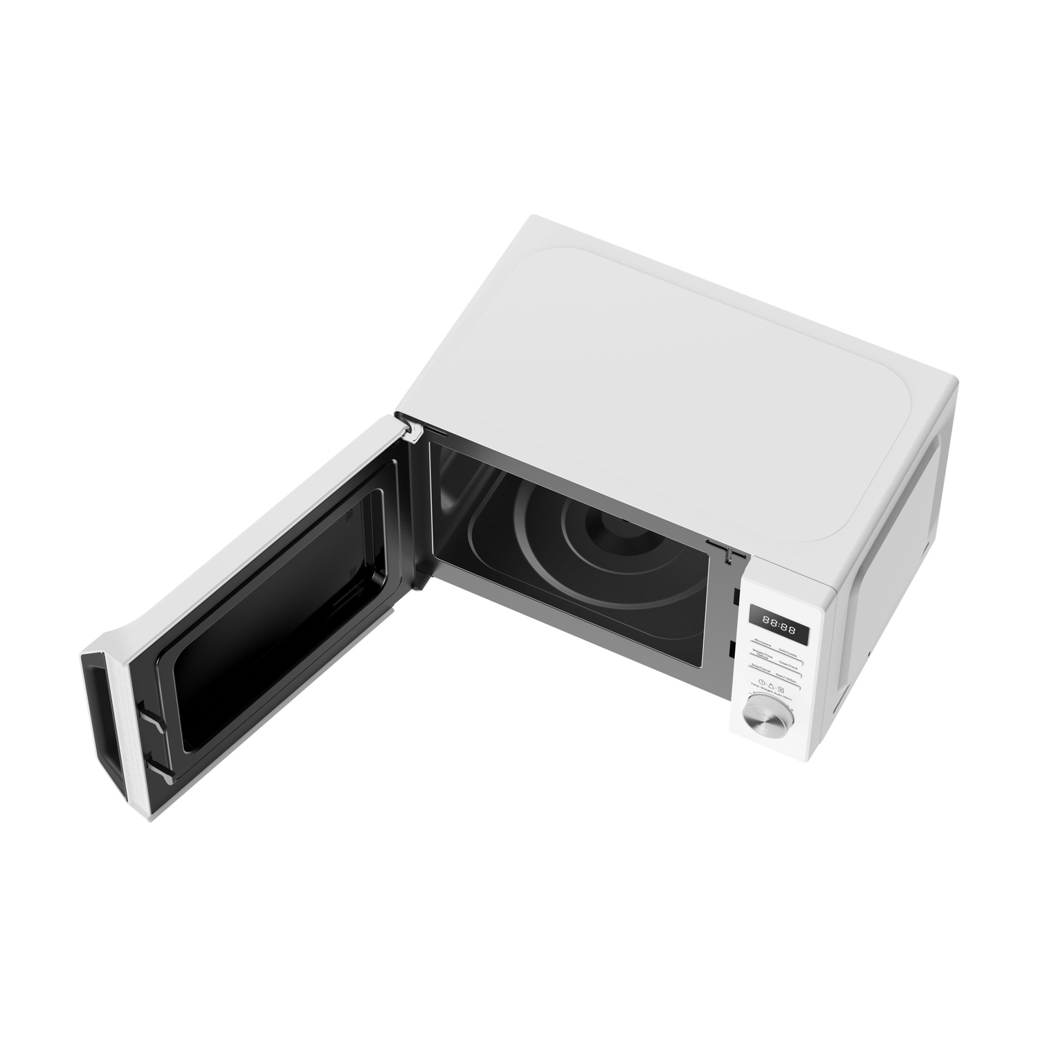 Forno a microonde bianco con porta aperta e manopola girevole argento.