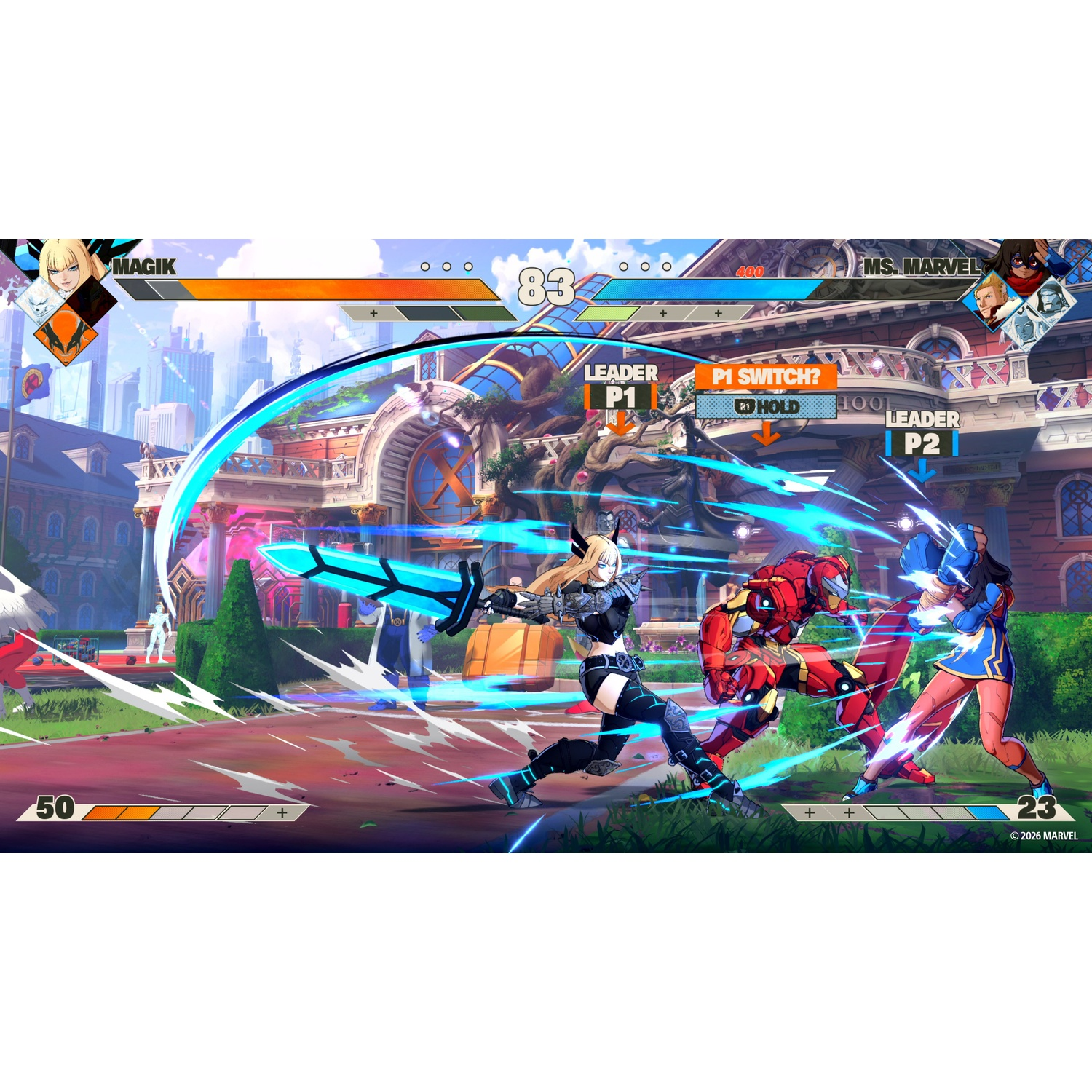 Scena di gioco di combattimento con Magik, Ms. Marvel e Iron Man. Attacco energetico blu.