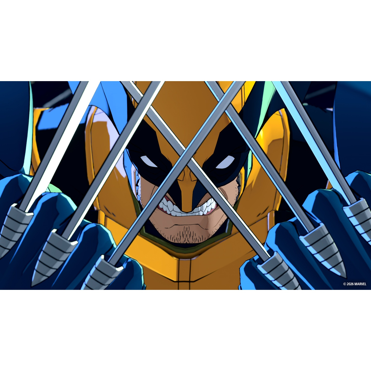 Wolverine con artigli estesi, tuta gialla e blu, vista ravvicinata.