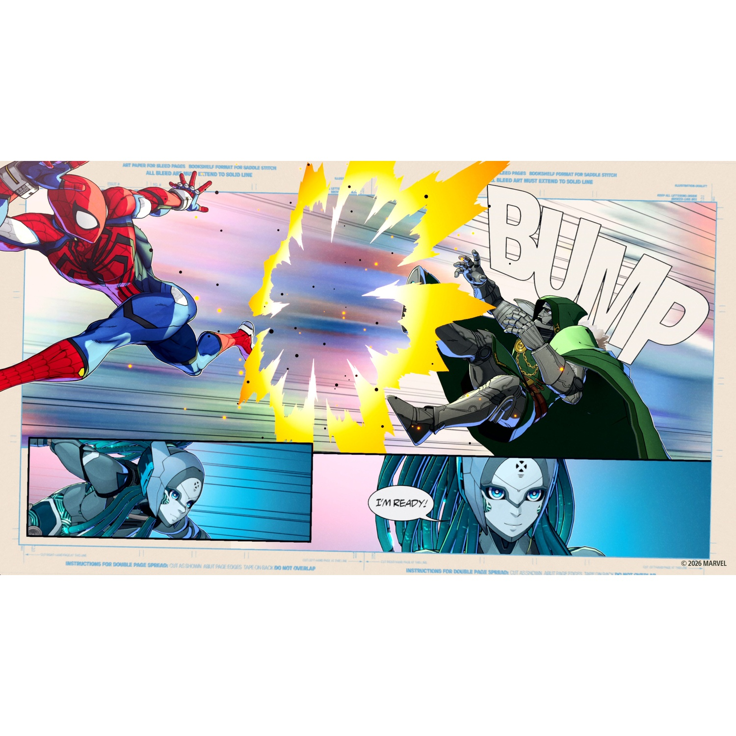 Spider-Man combatte contro Doctor Doom. Un robot femminile dice: "Sono pronta!"
