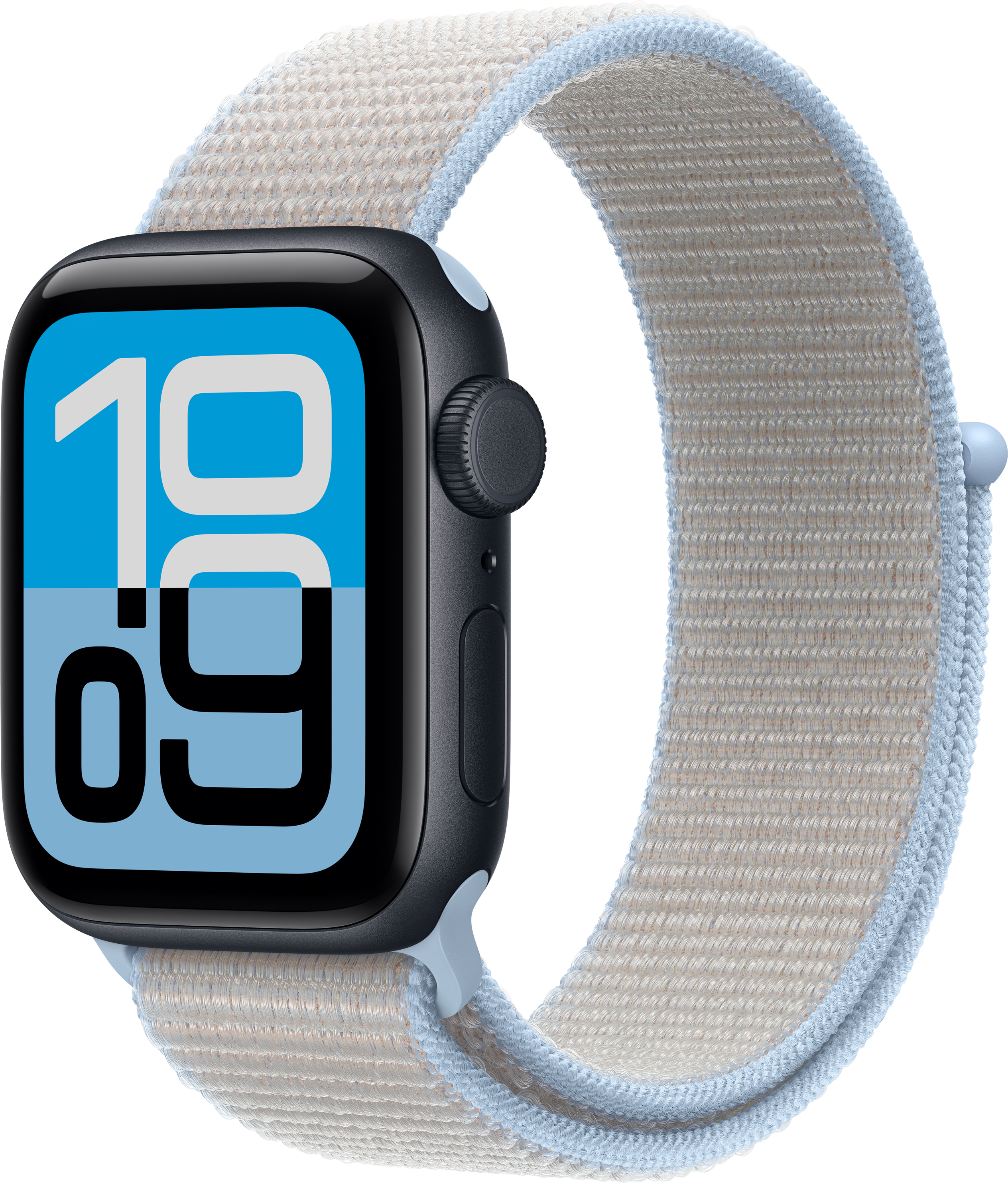 Eine graue Smartwatch mit blauem Zifferblatt und einem hellbeigen Band.