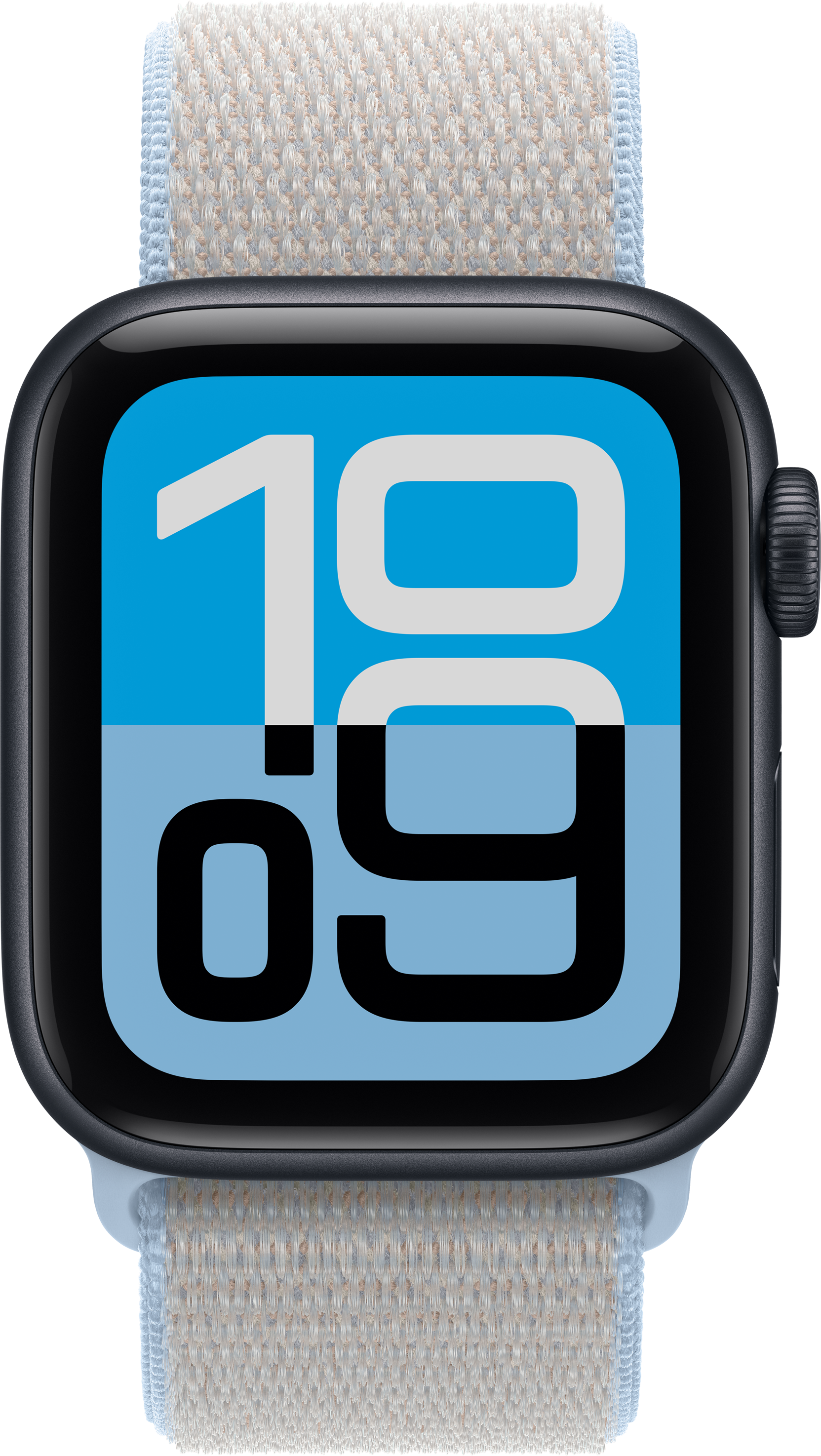 Eine Smartwatch mit blauem Zifferblatt und Zahlen 10:09.
