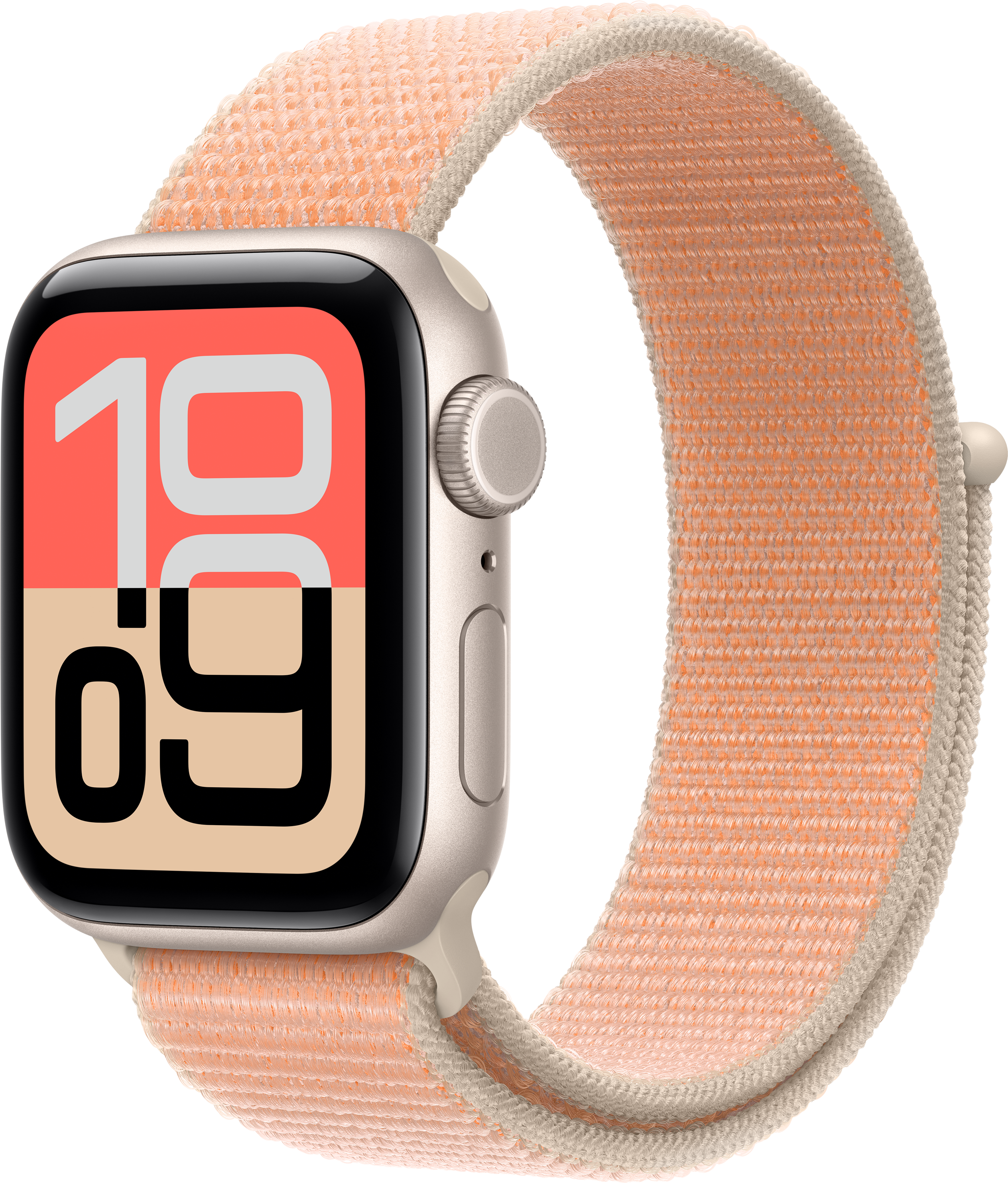 Eine goldene Smartwatch mit einem orangefarbenen Stoffarmband auf schwarzem Hintergrund.