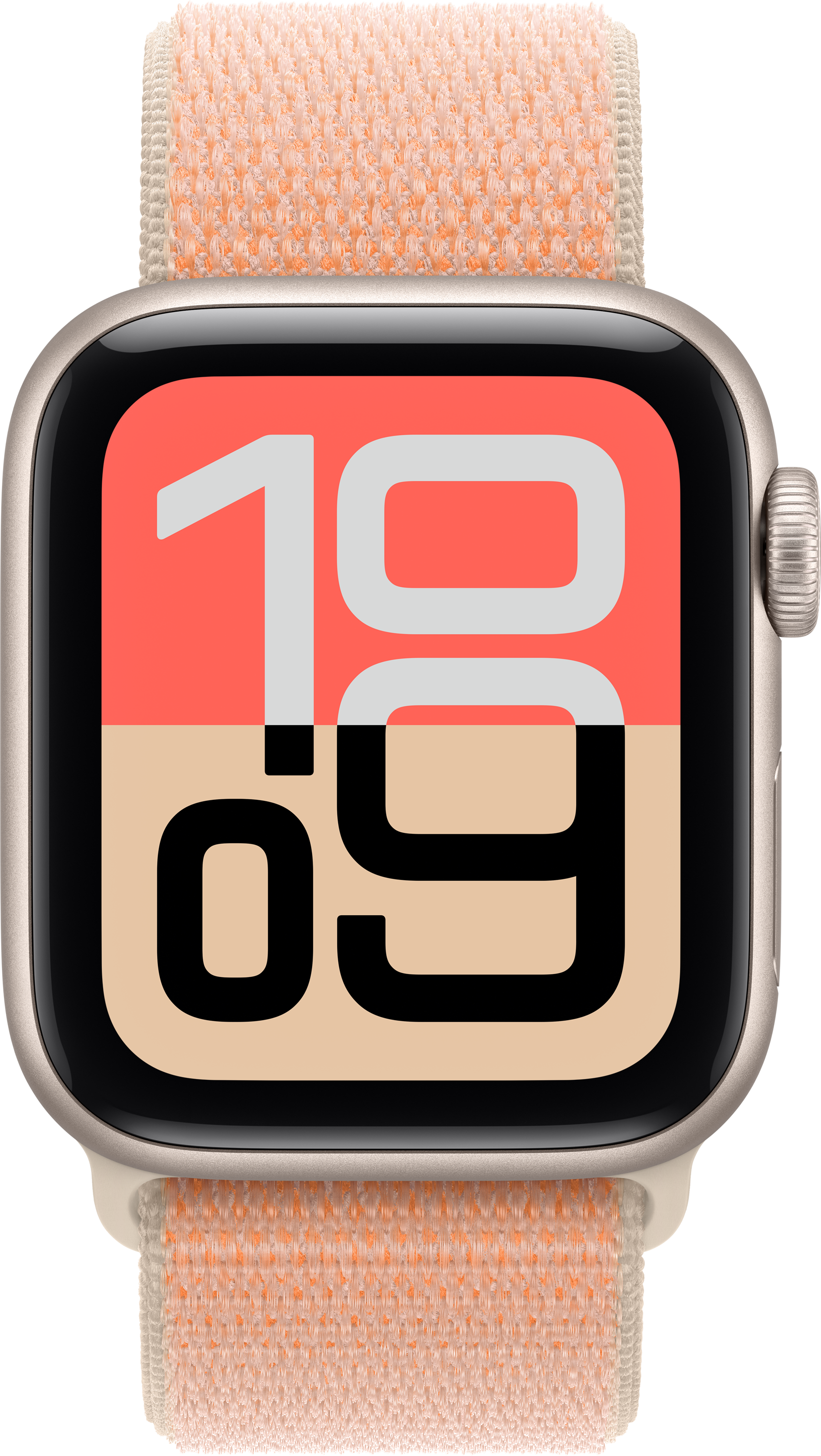 Eine Smartwatch mit einem beigen Armband und einem Zifferblatt, das 10:09 anzeigt.