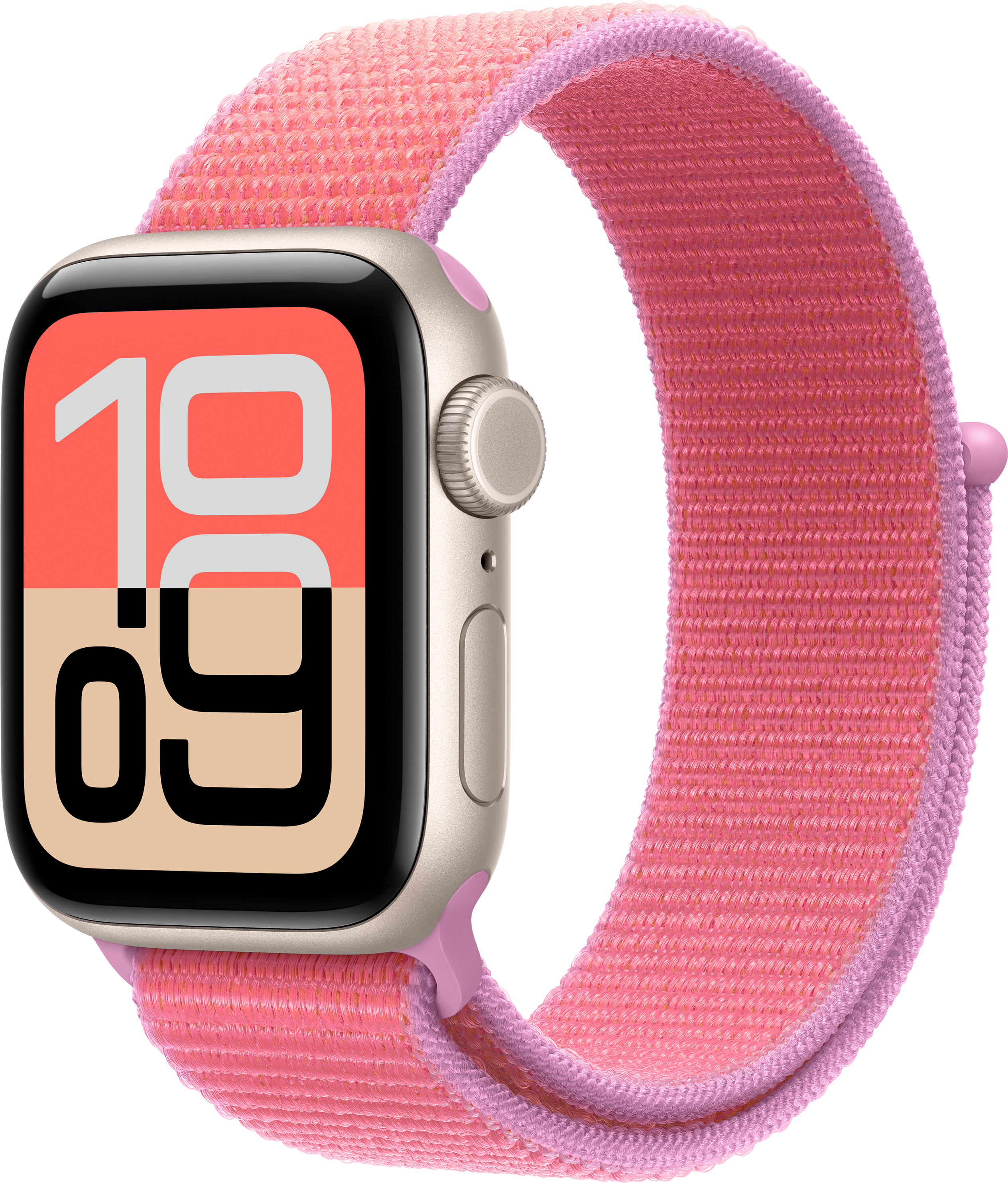 Eine goldene Smartwatch mit einem rosa geflochtenen Armband auf schwarzem Hintergrund.