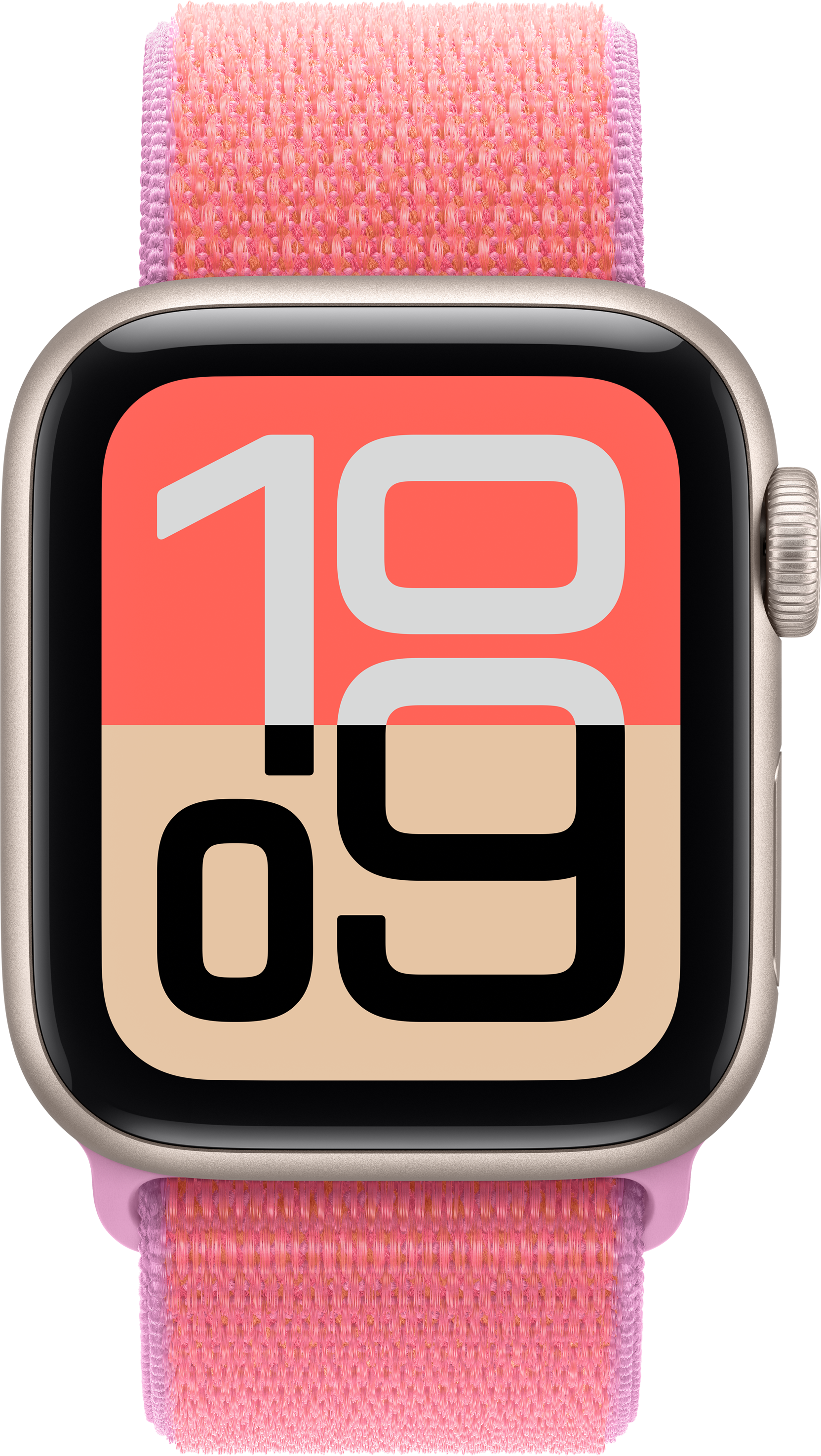 Eine Nahaufnahme einer Smartwatch mit einem rosafarbenen Band und einem Zifferblatt, das 10:09 anzeigt.