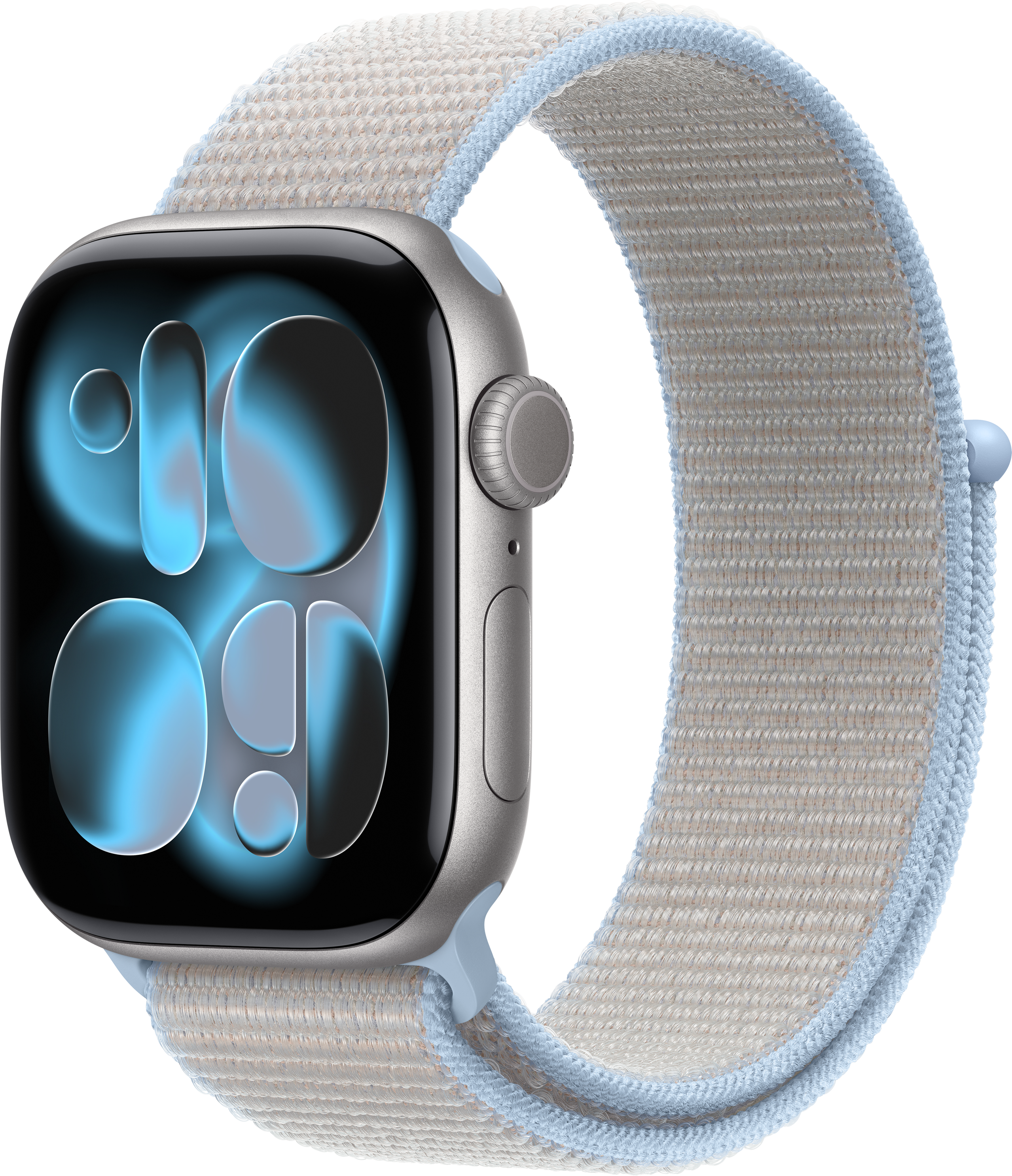 Eine silberne Smartwatch mit blauem Band und leuchtendem Display.