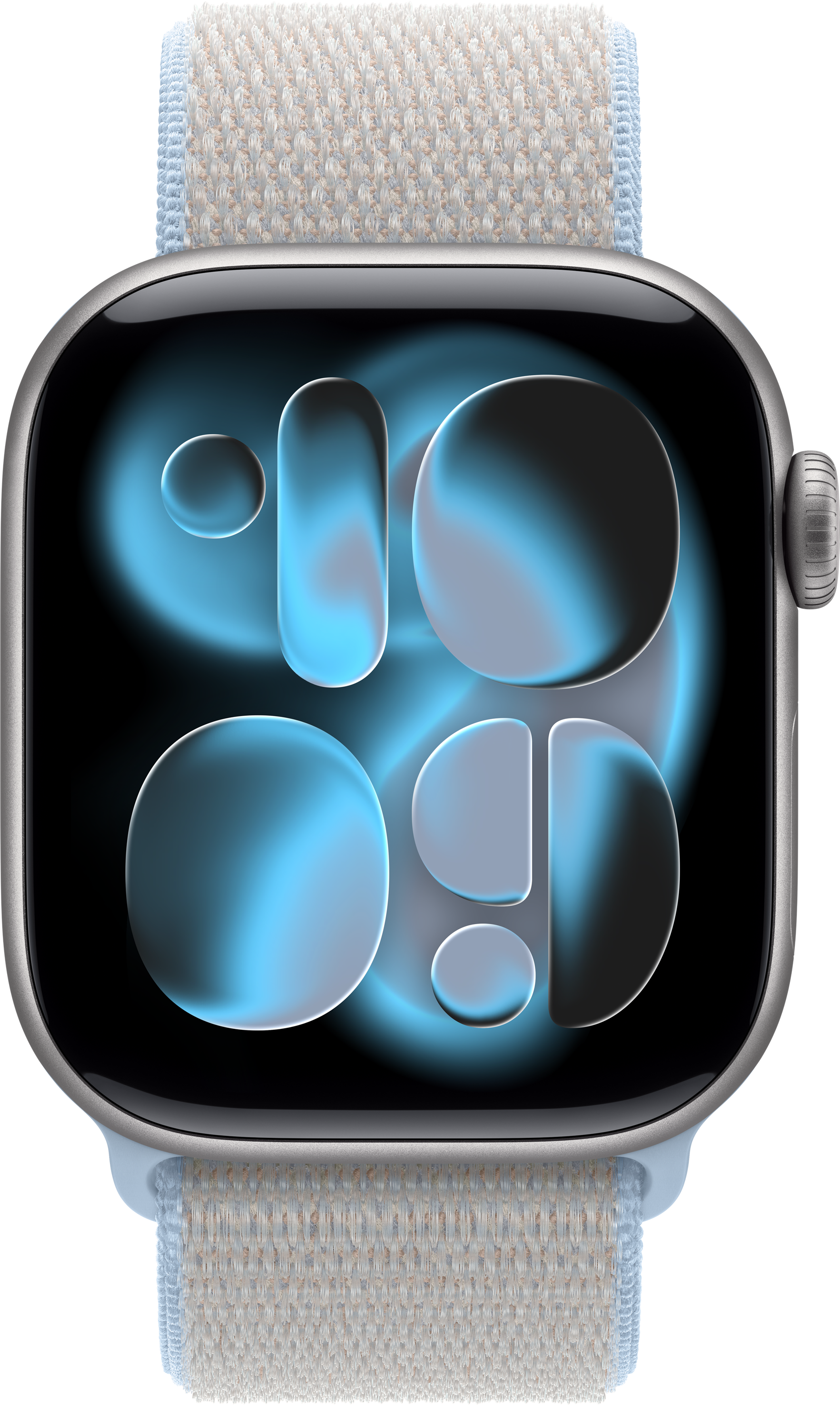 Eine graue Smartwatch mit einem hellblauen Stoffarmband und einem dynamischen blauen Zifferblatt.