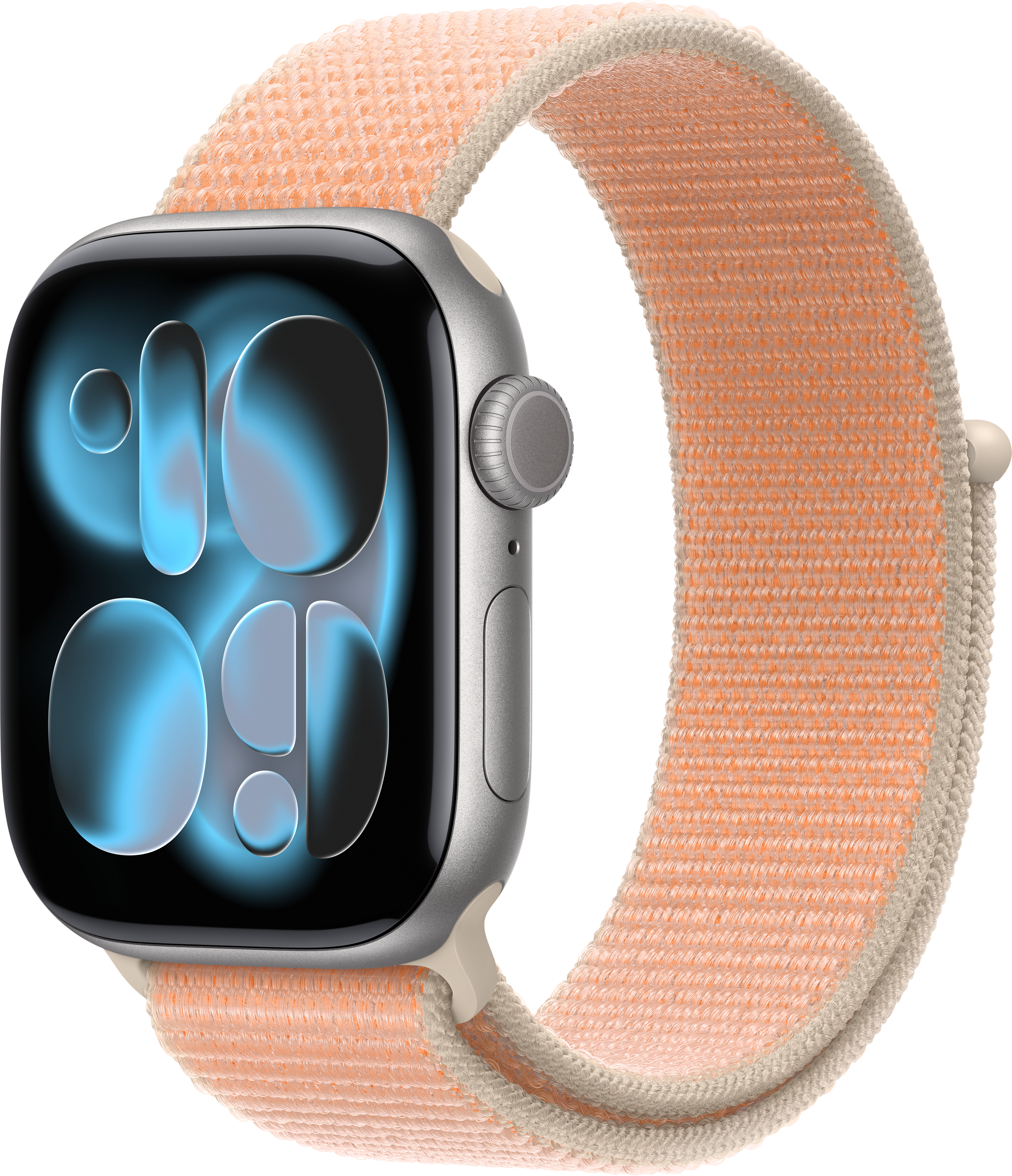 Silberne Smartwatch mit einem hellorangen Stoffarmband mit beigem Rand.