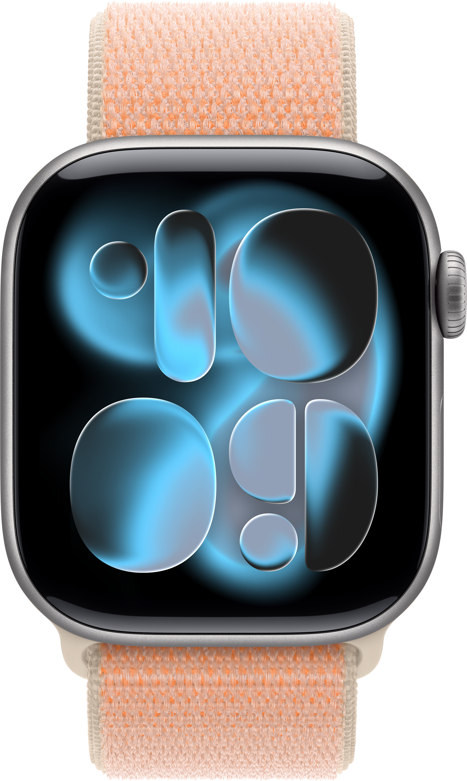 Eine silberne Smartwatch mit einem hellbeigen Band und einem blauen, abstrakten Zifferblatt.