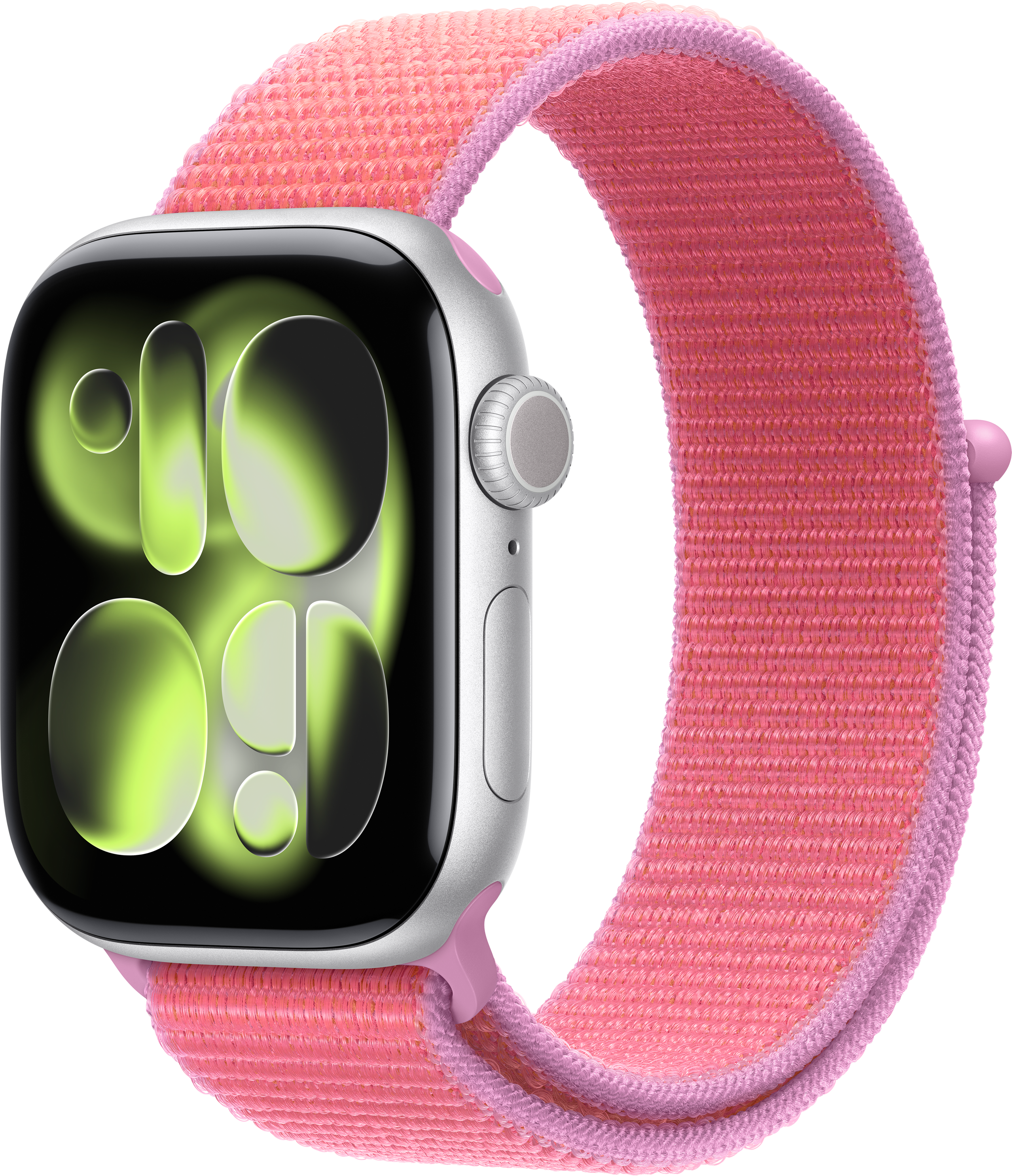 Silberne Smartwatch mit pinkfarbenem Stoffarmband und grünem Zifferblatt.