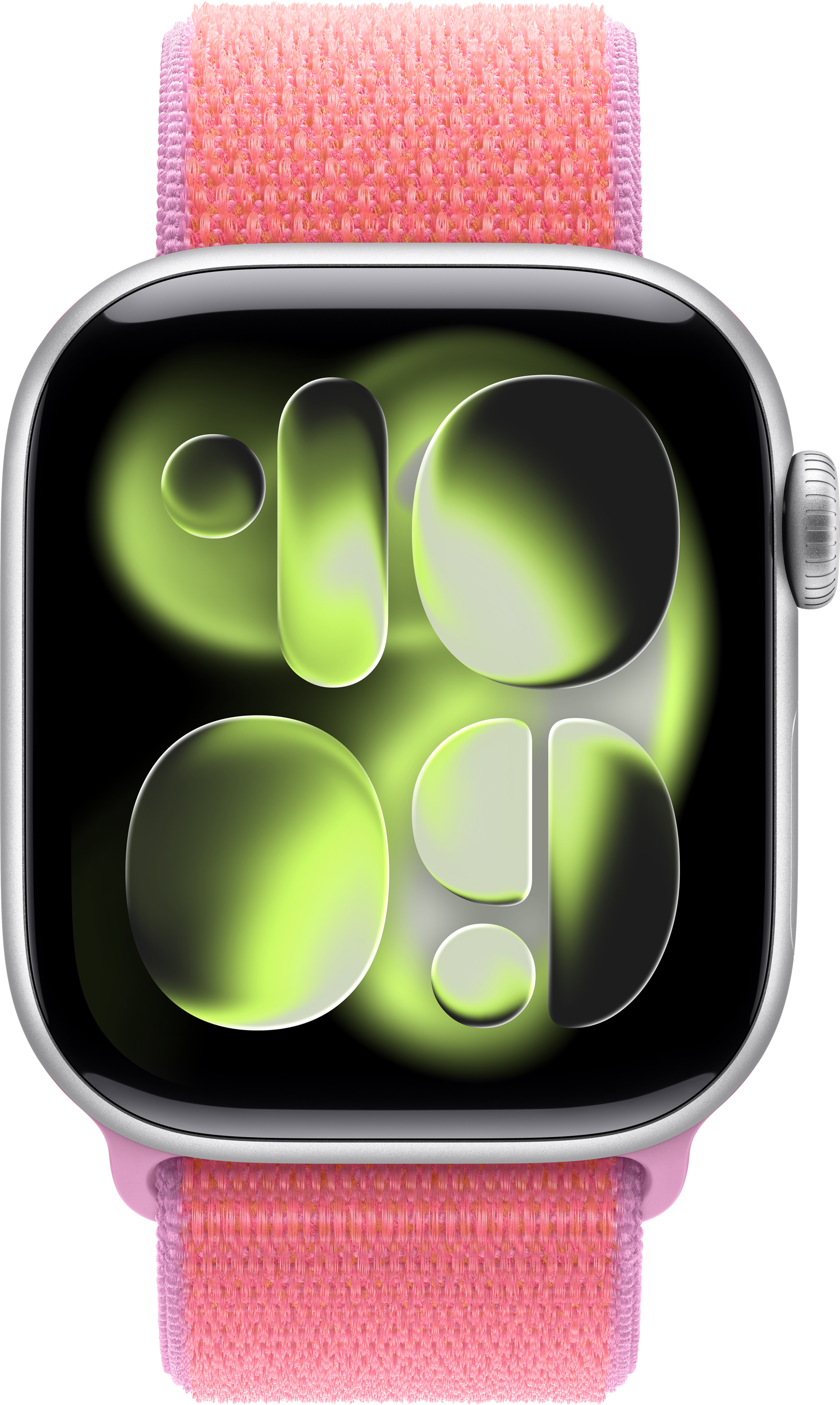 Eine Nahaufnahme einer Smartwatch mit einem rosa Stoffarmband und einem leuchtend gelben Zifferblatt.