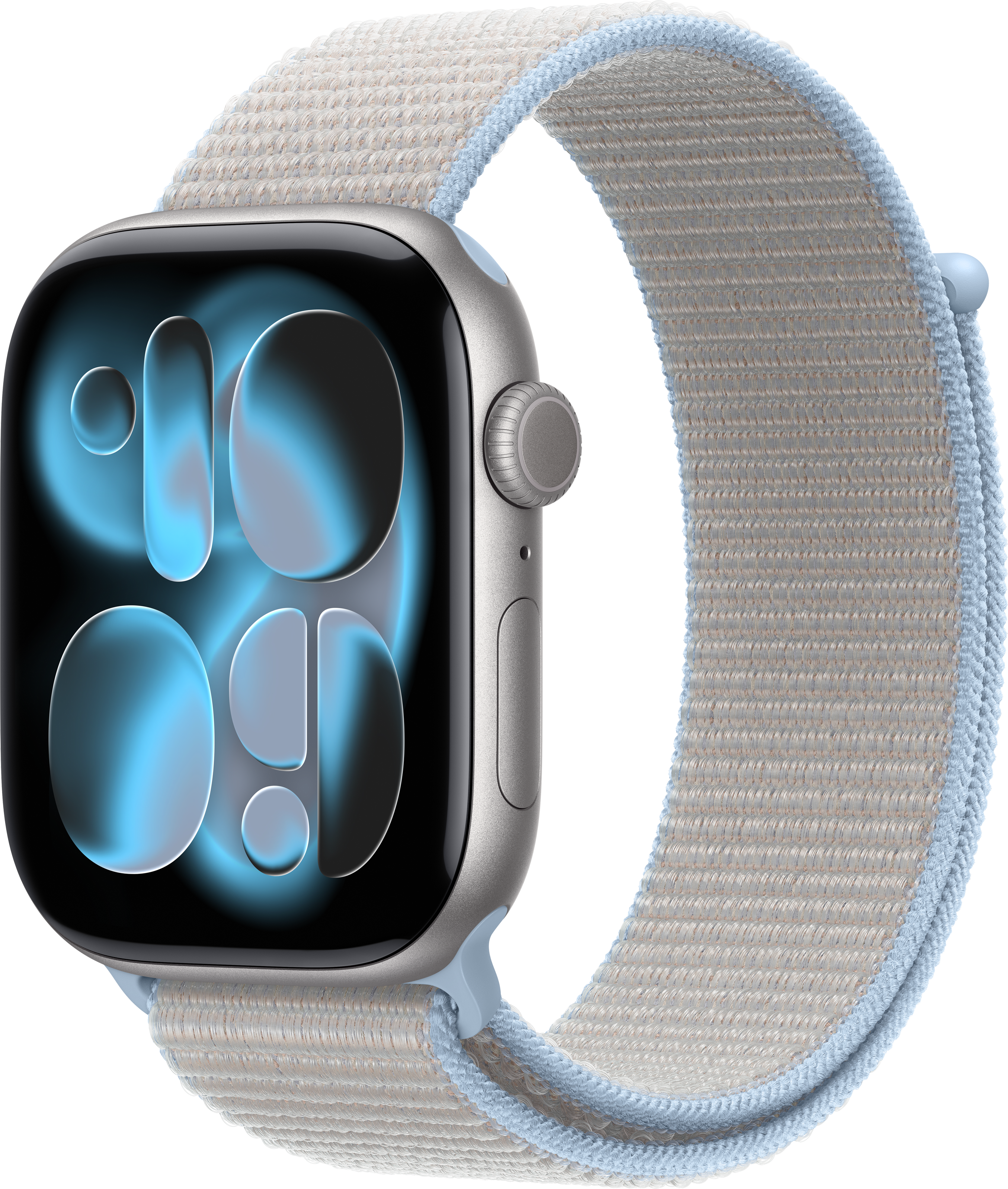 Graue Smartwatch mit blauem Stoffarmband und digitaler Uhranzeige.