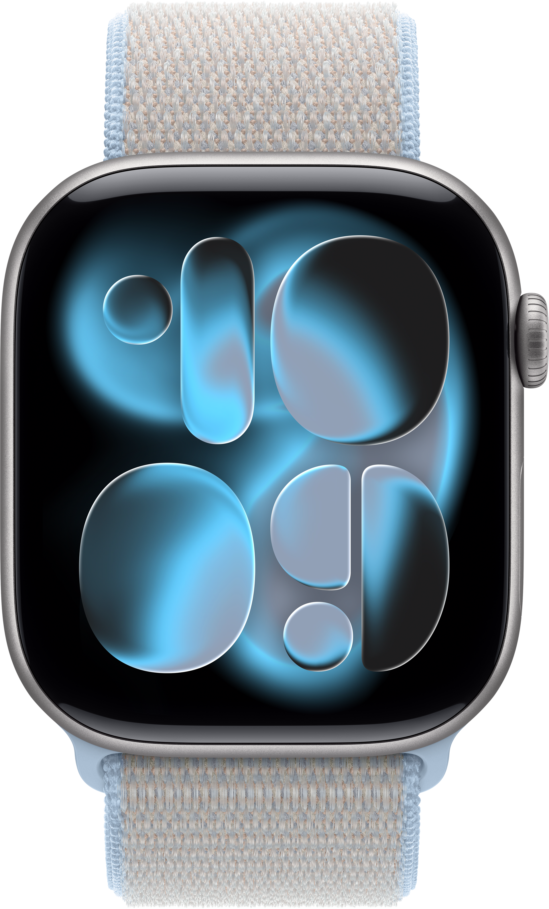 Eine Uhr mit blauem Zifferblatt und texturiertem Band.