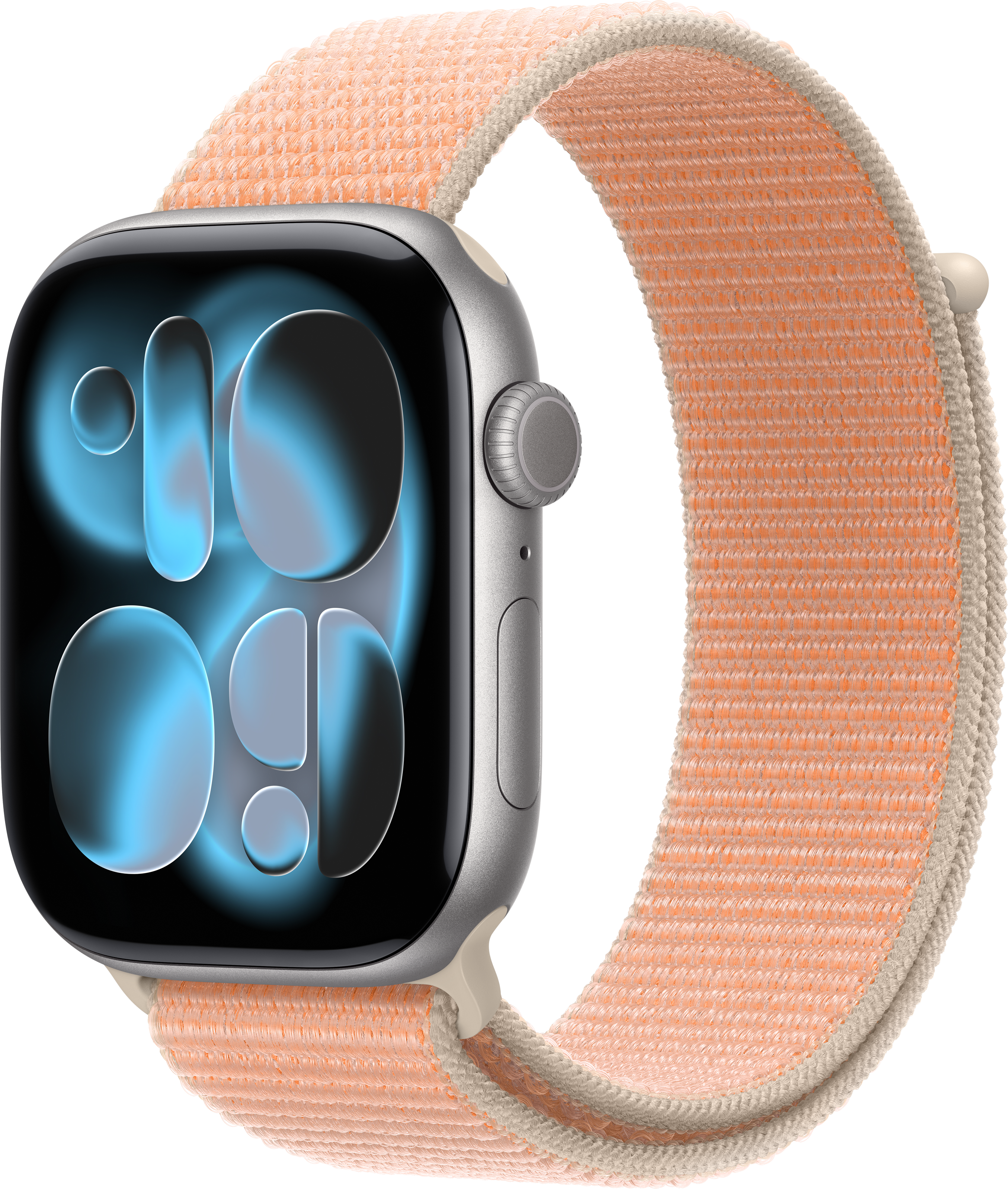 Eine Apple Watch mit einem hellorangen Armband und blauem Zifferblatt.