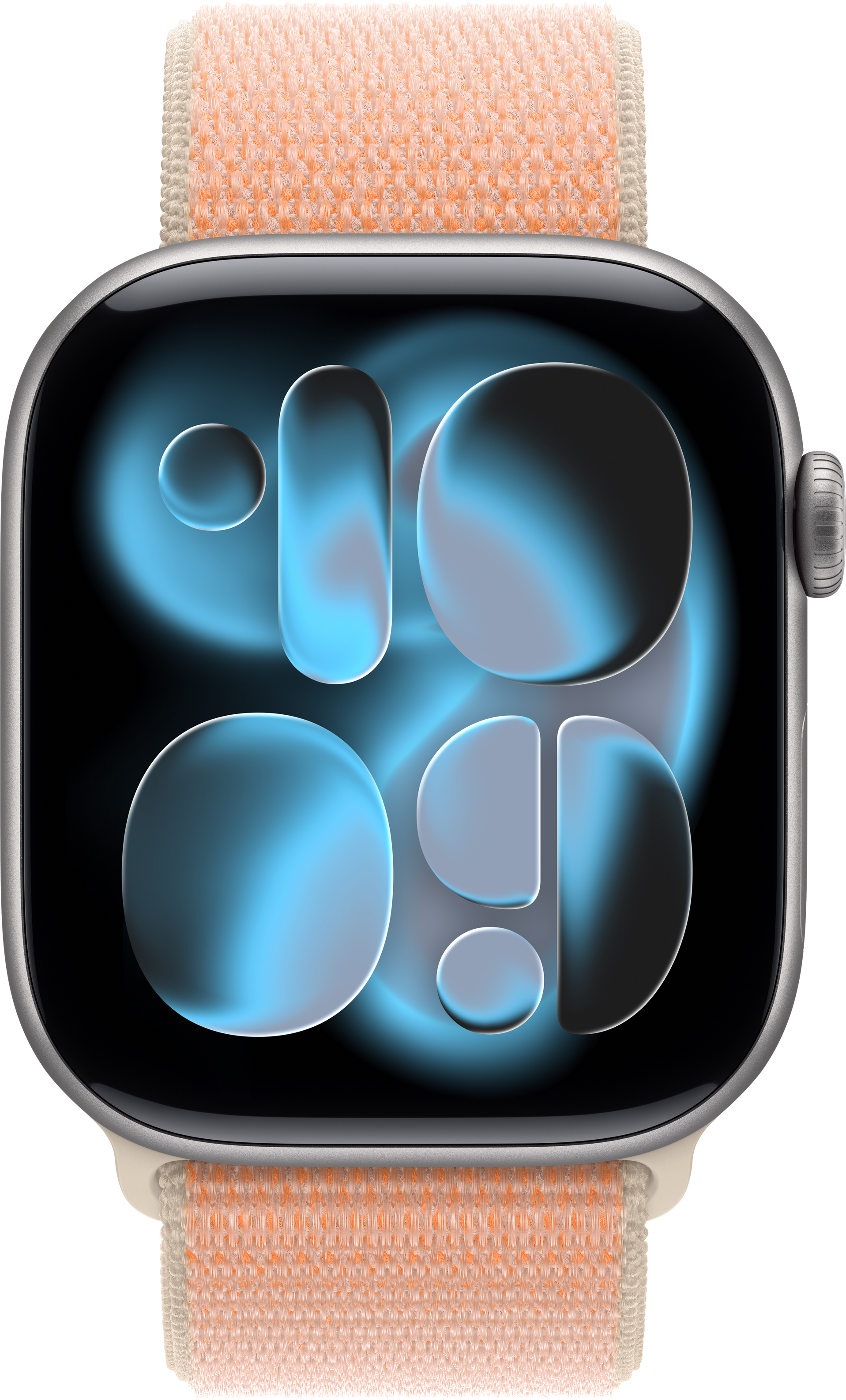 Graue Smartwatch mit blauem Hintergrund und einem Korallenarmband.