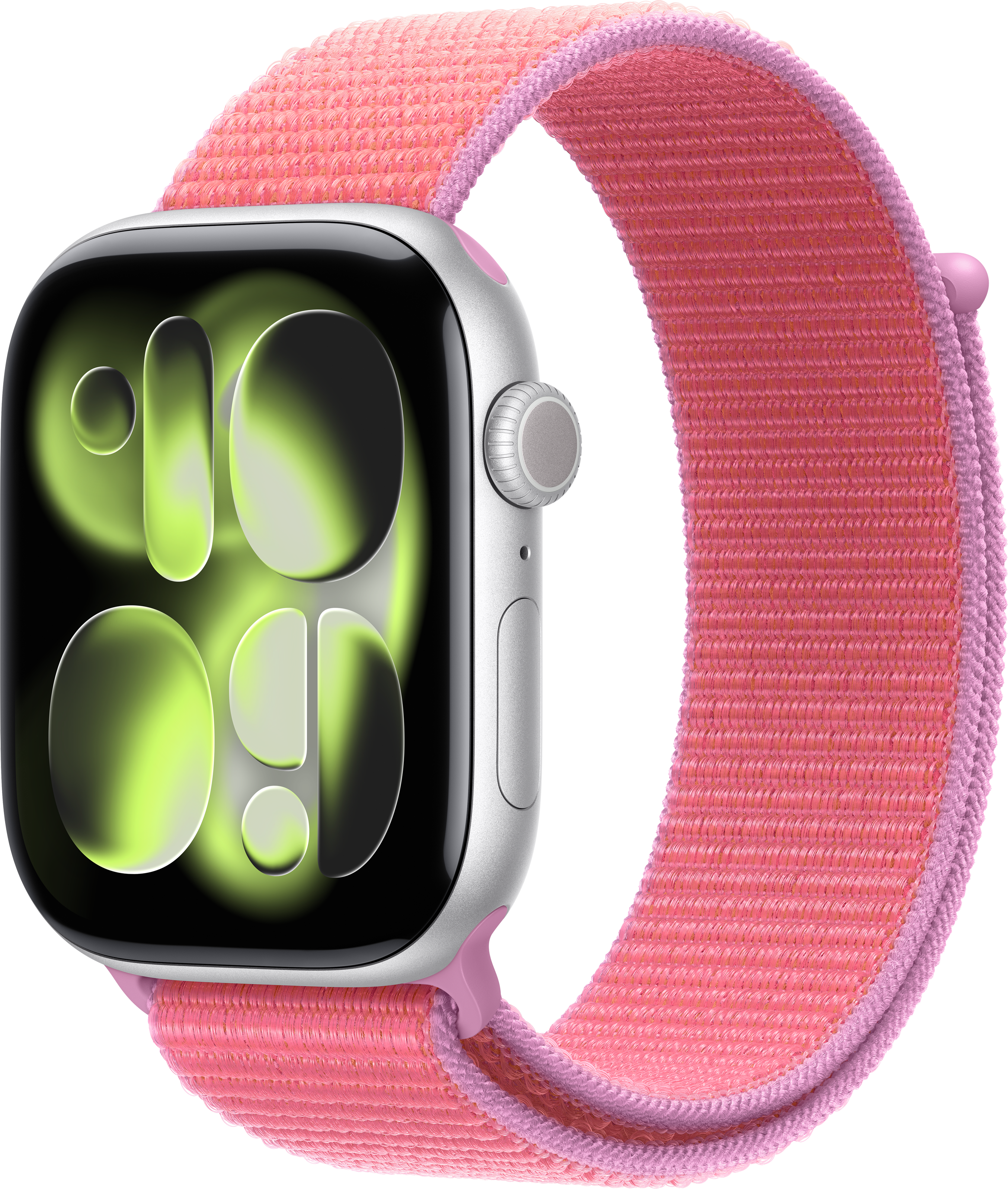 Silberne Smartwatch mit pinkem Stoffarmband, Nahaufnahme der digitalen Anzeige.