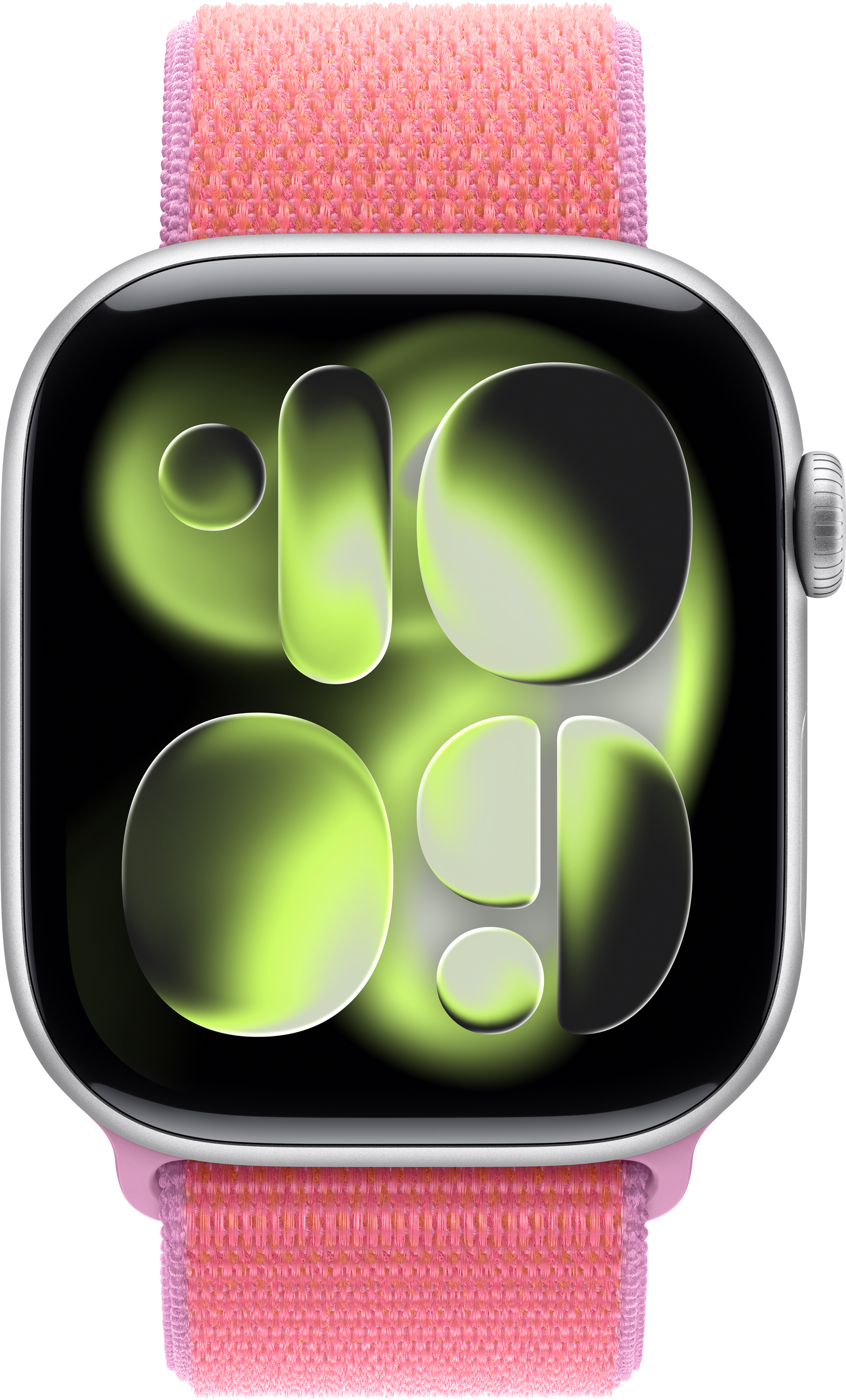 Eine Nahaufnahme einer Smartwatch mit pinkem Armband und grünem Zifferblatt.