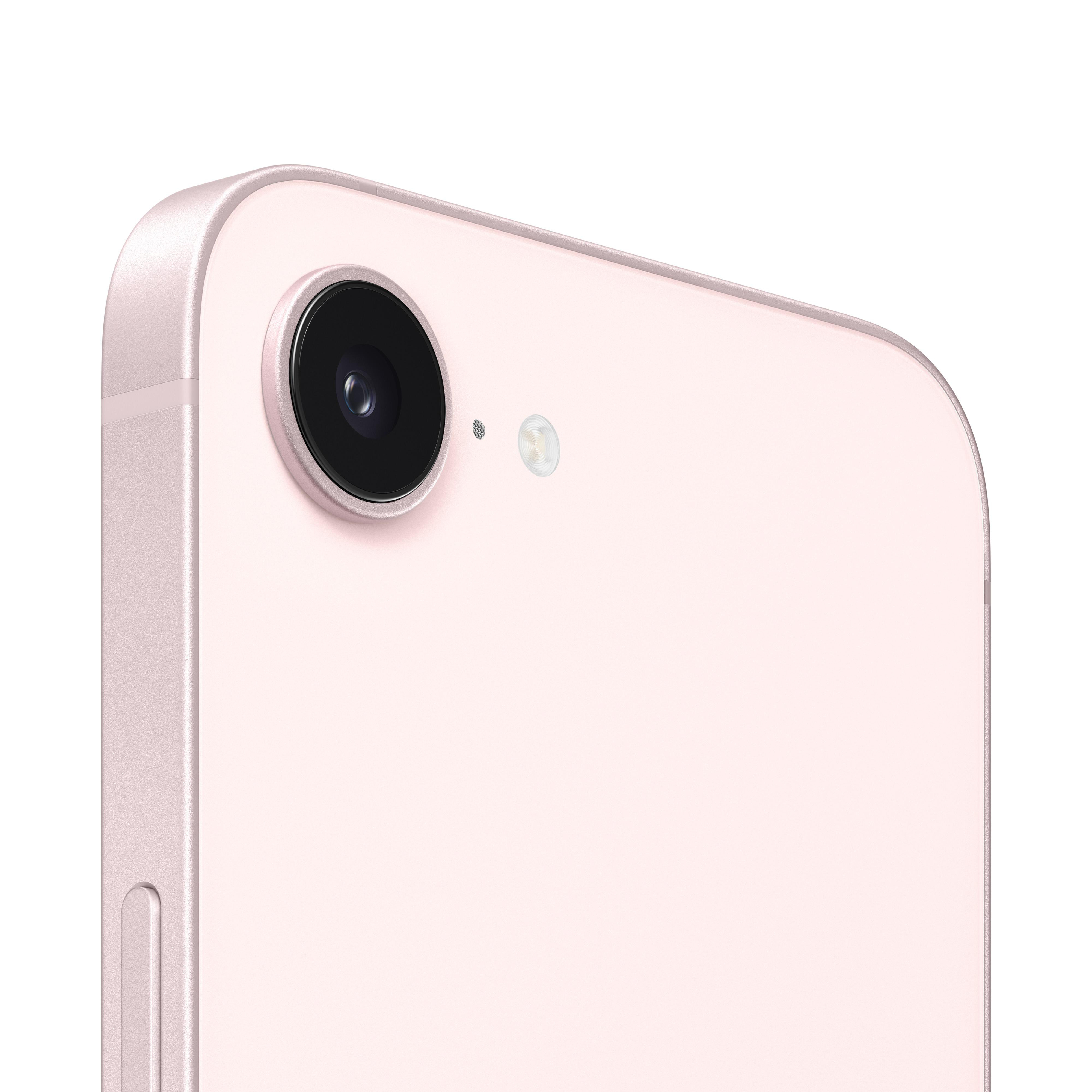 Nahaufnahme der Rückseite eines rosafarbenen Smartphones mit Kameralinse und Blitz.