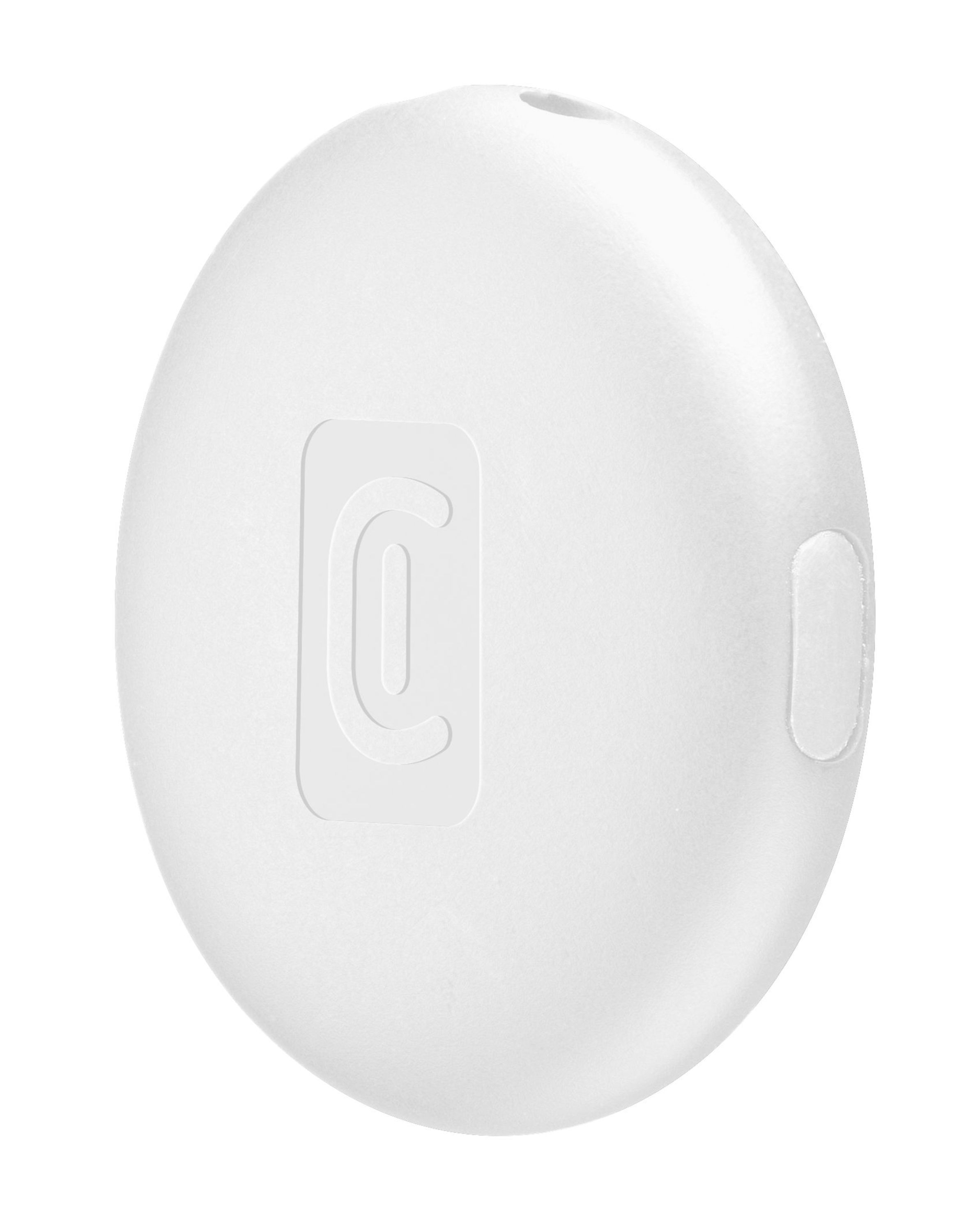 Un objeto blanco y redondo con un símbolo en relieve.