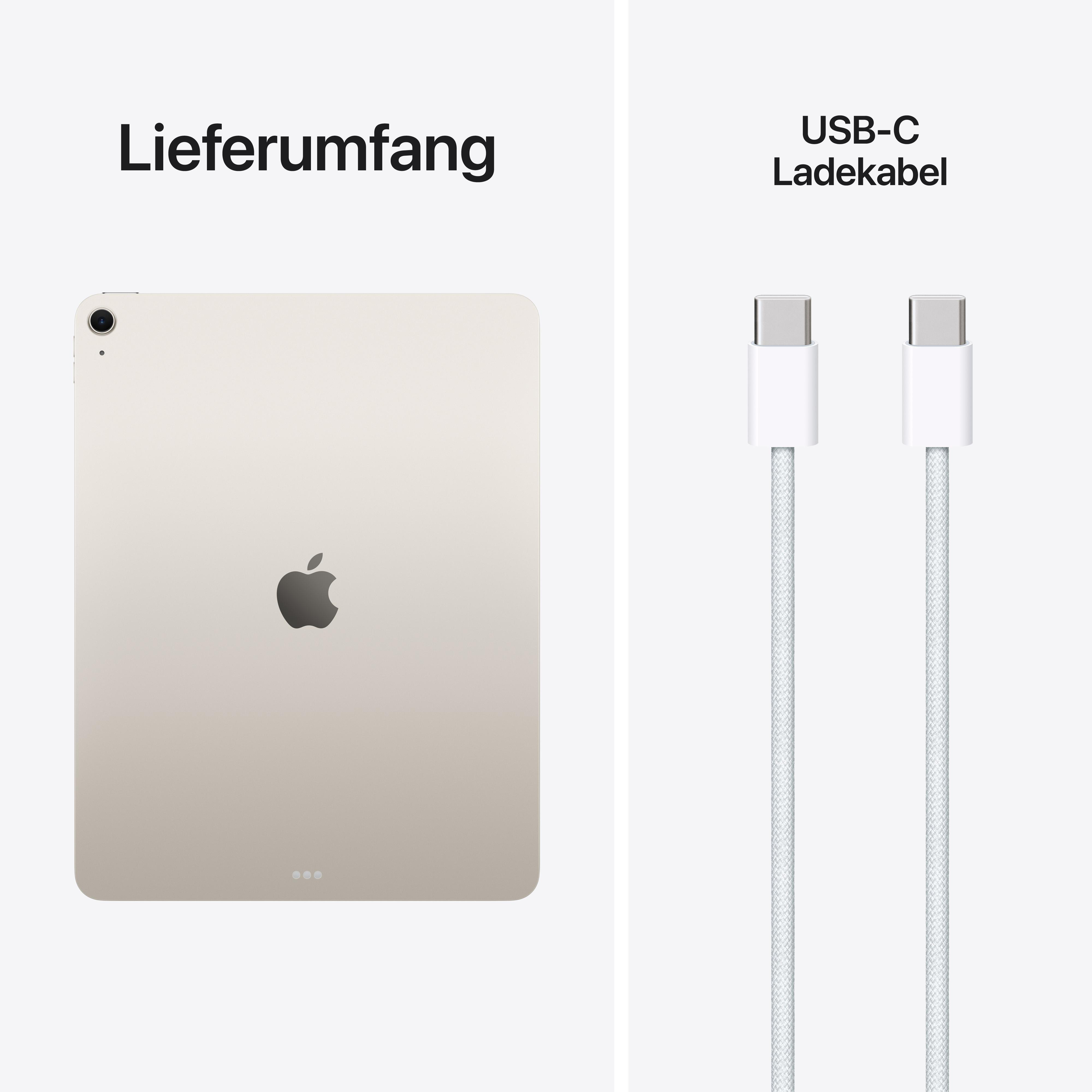 Lieferumfang: Ein hellgoldenes iPad und zwei weiße USB-C Ladekabel.