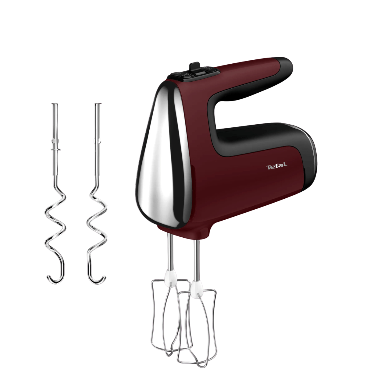 Ein burgunderroter Handmixer mit silbernen Akzenten und separaten Rührstäben.