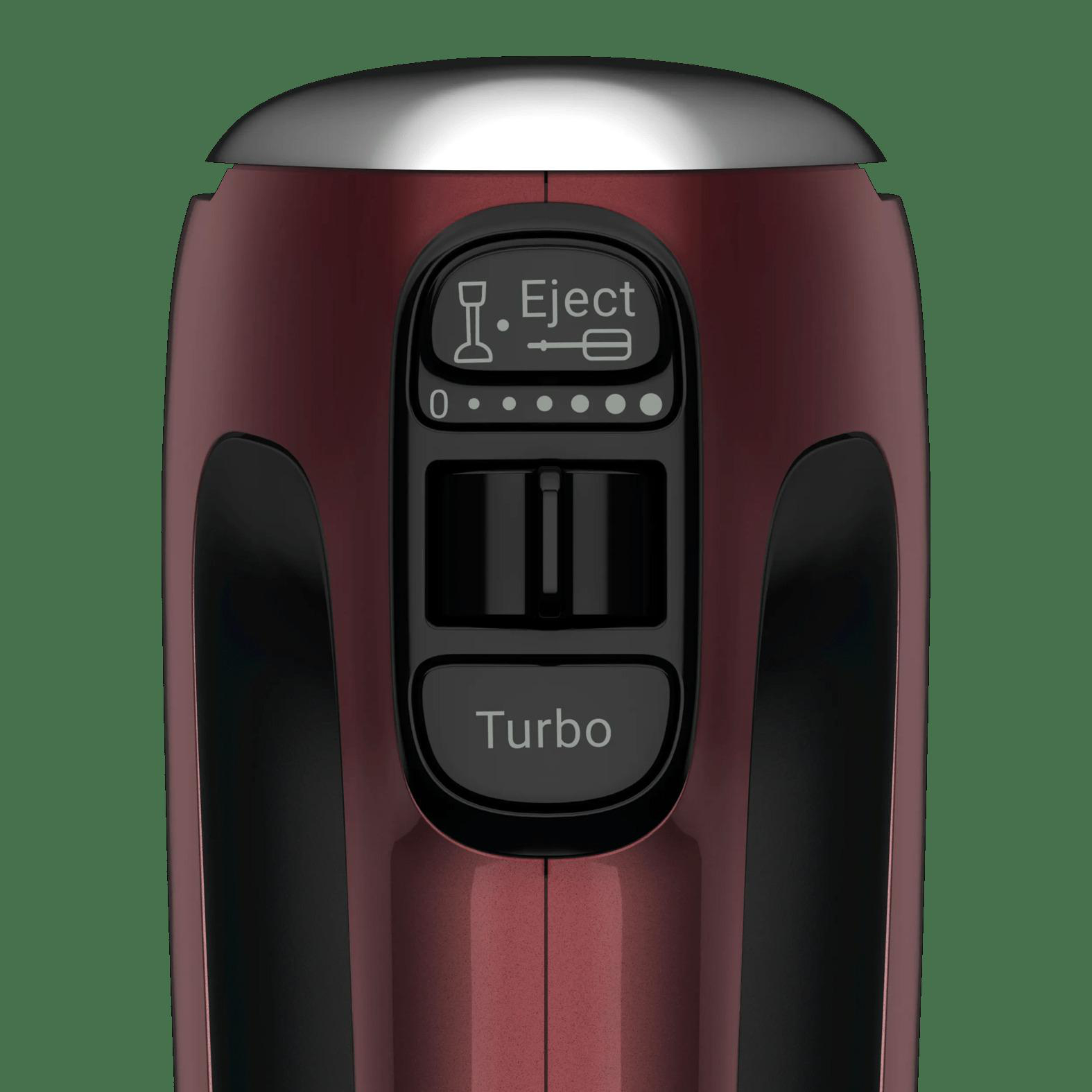 Rote Küchenmaschine mit silberner Kappe, "Eject"-Taste und "Turbo"-Knopf.