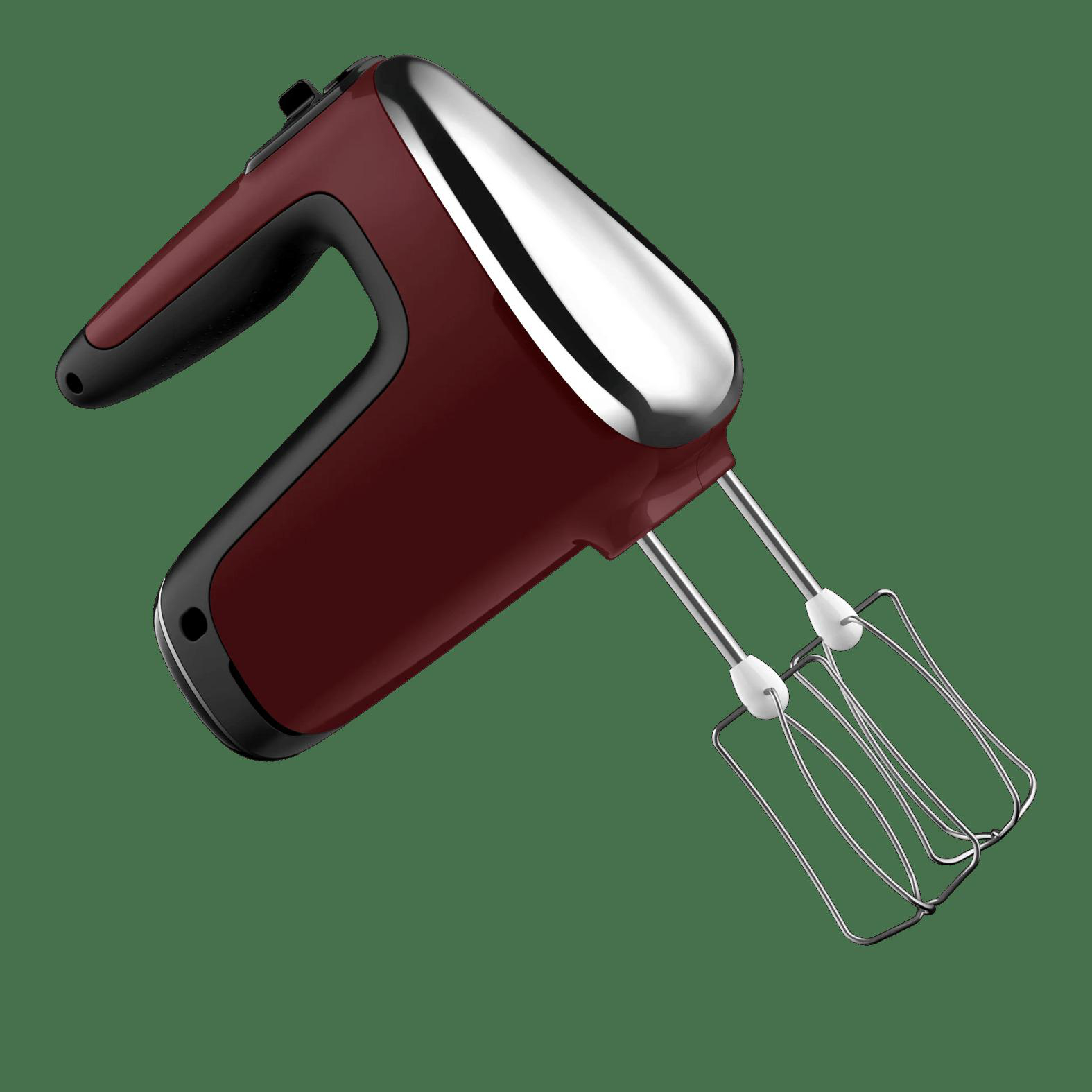 Ein burgunderroter Handmixer mit Chromakzenten und schwarzen Griffen auf grünem Hintergrund.