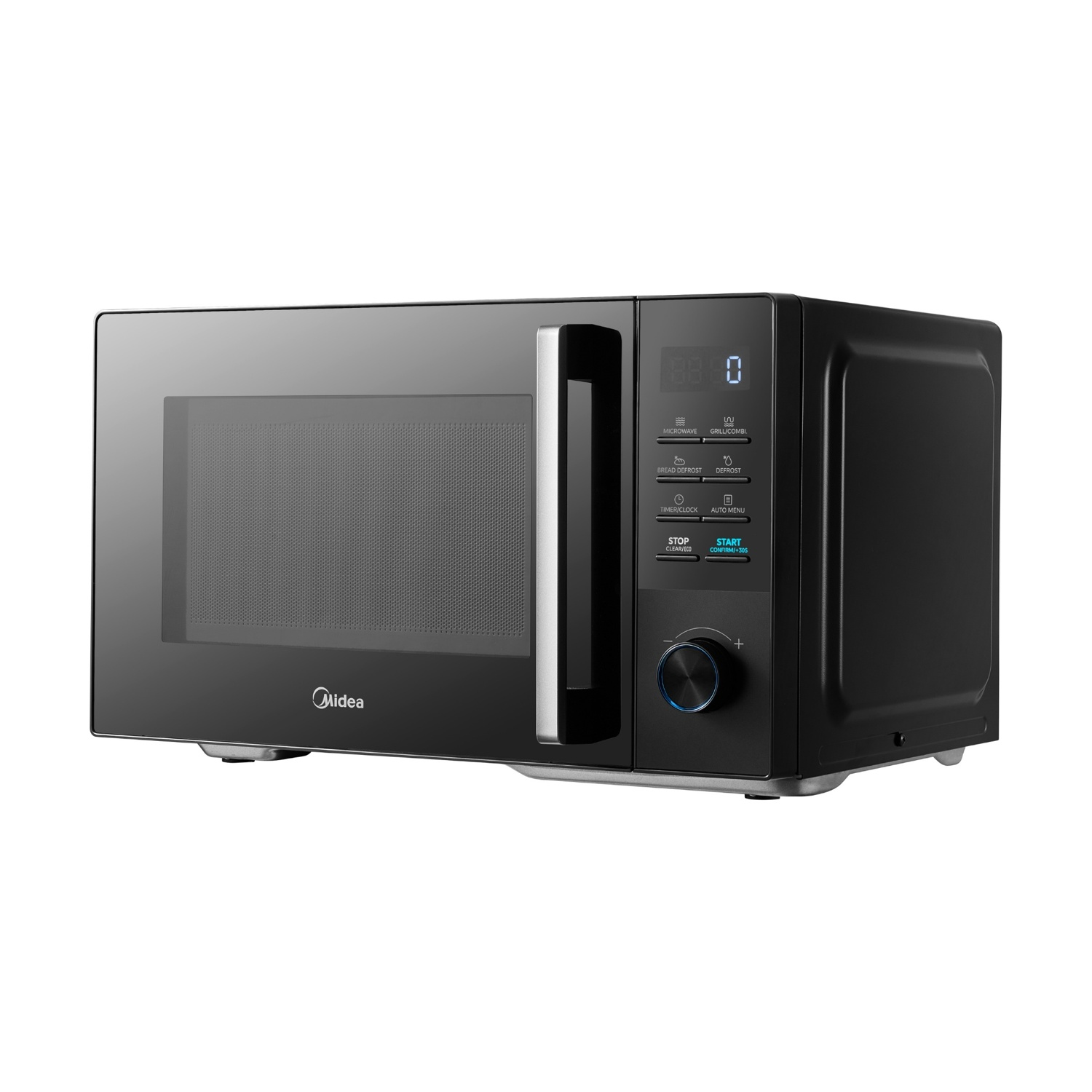 Forno a microonde nero con display digitale, maniglia e manopola di controllo.
