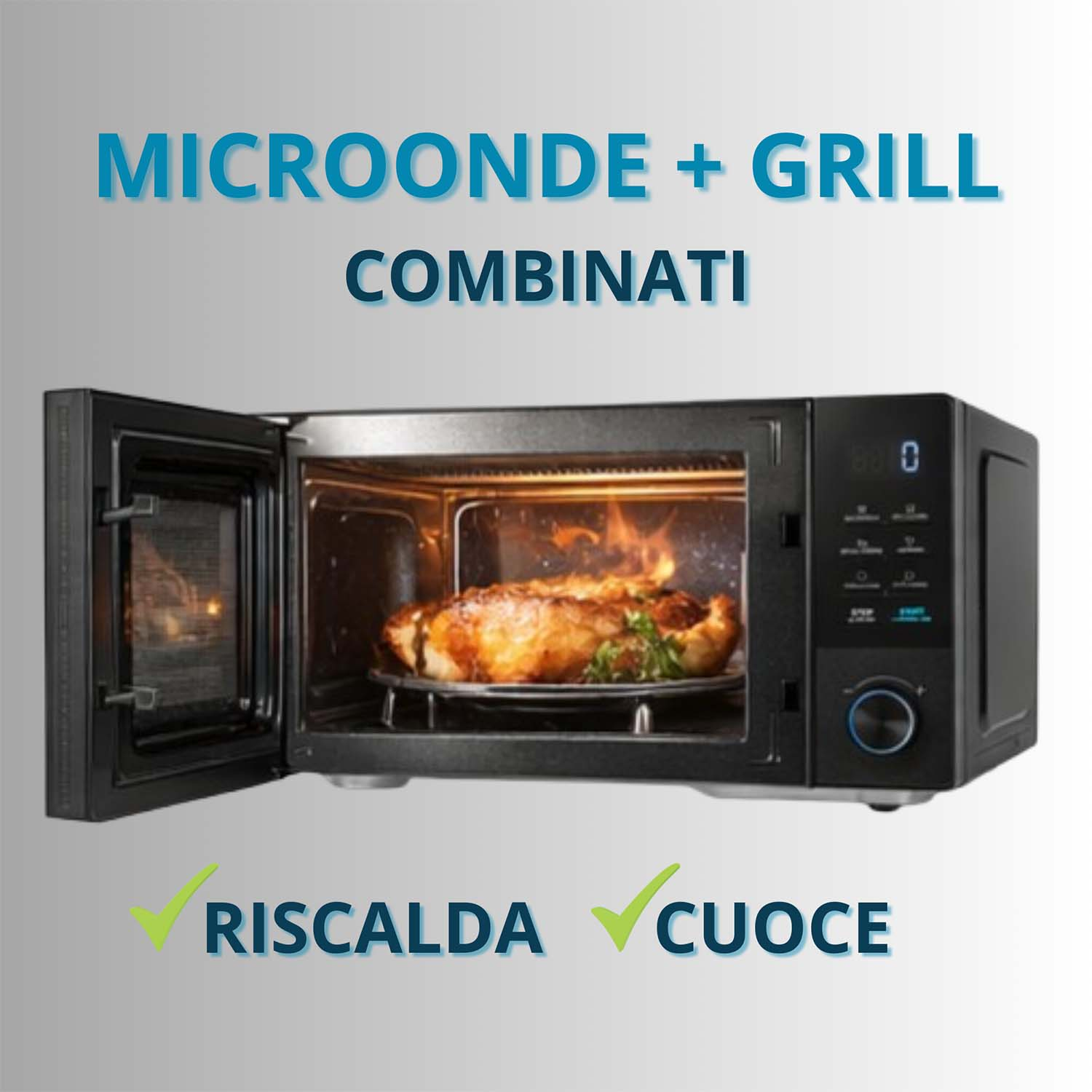 Un microonde grill nero aperto con un pollo arrosto all'interno.