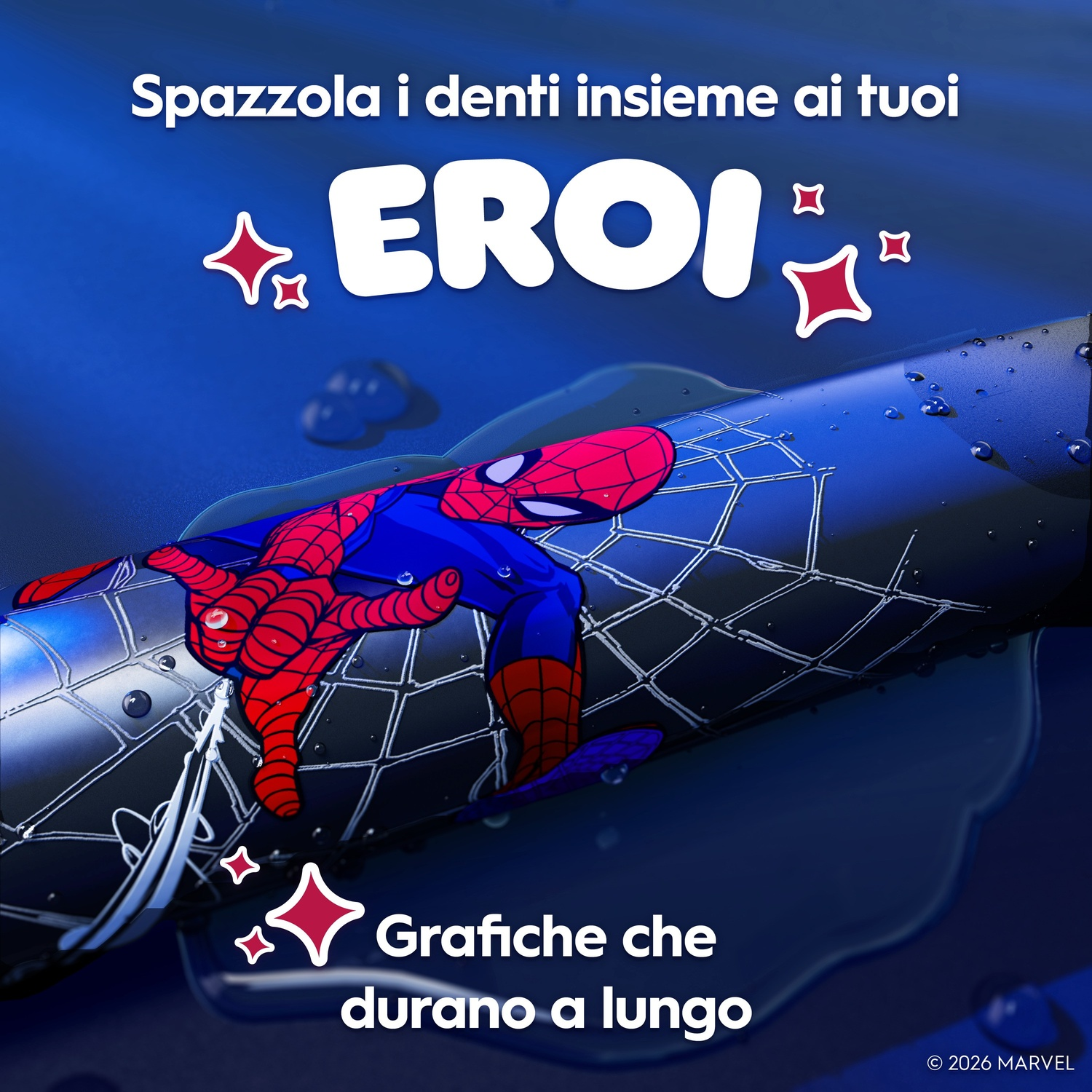 Spazzolino Spiderman con effetti d'acqua e testo.