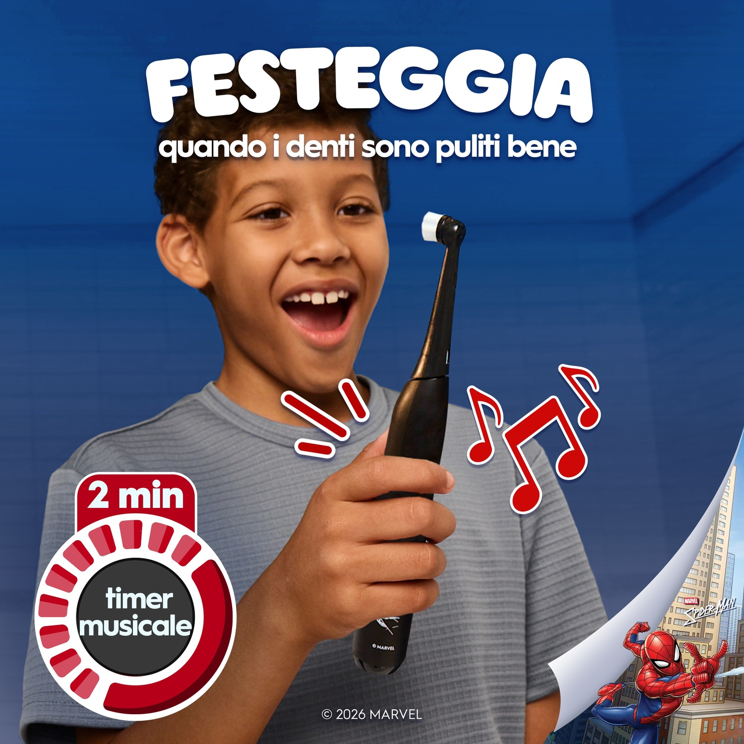 Un bambino tiene uno spazzolino elettrico Spiderman. Note musicali e timer sono visibili.