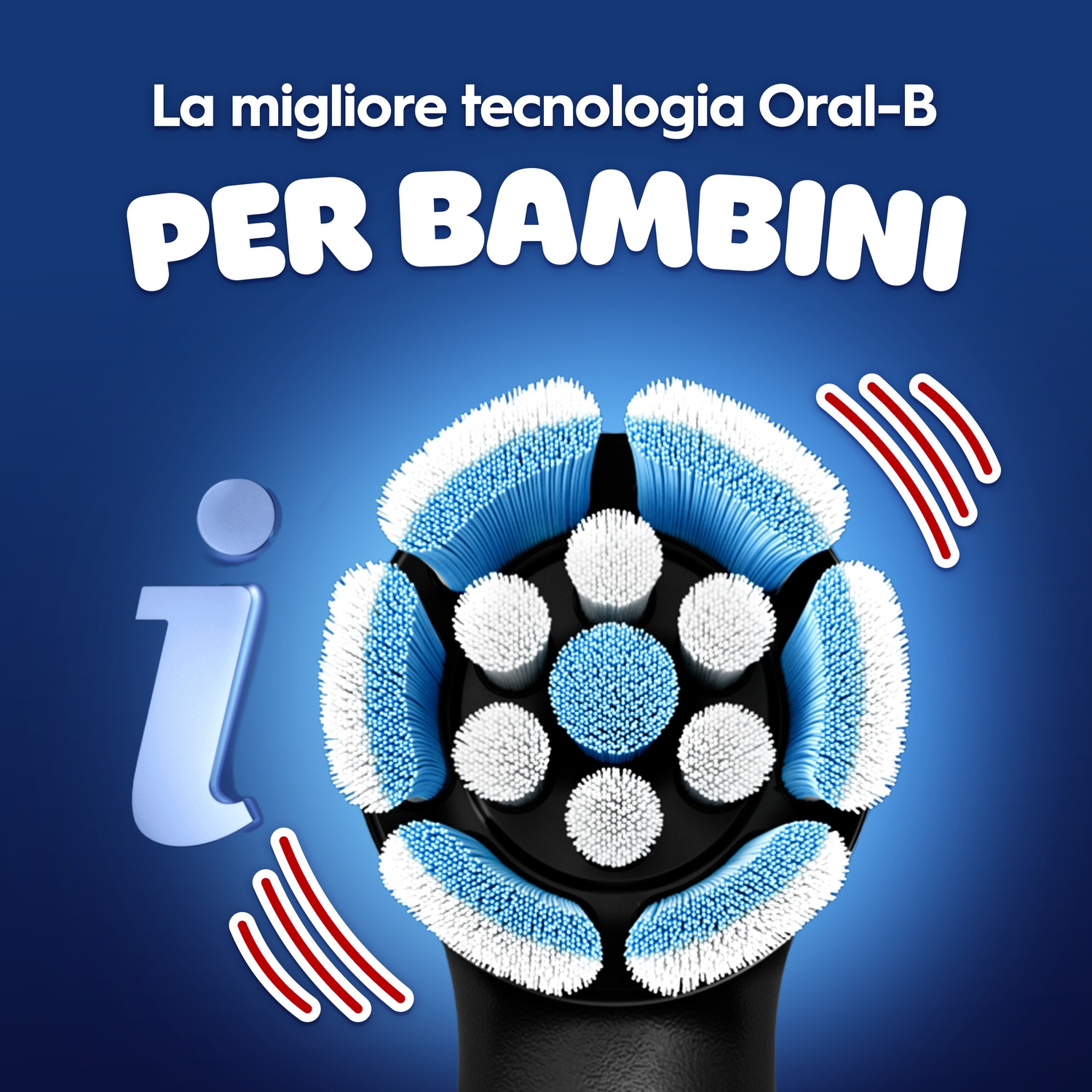 Primo piano di una testina Oral-B per bambini con setole blu e bianche.