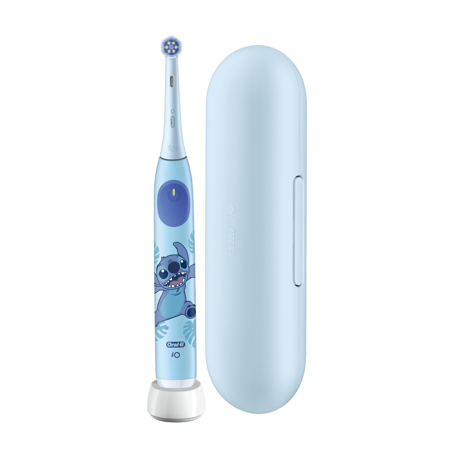 Spazzolino elettrico blu con disegno Stitch e custodia.