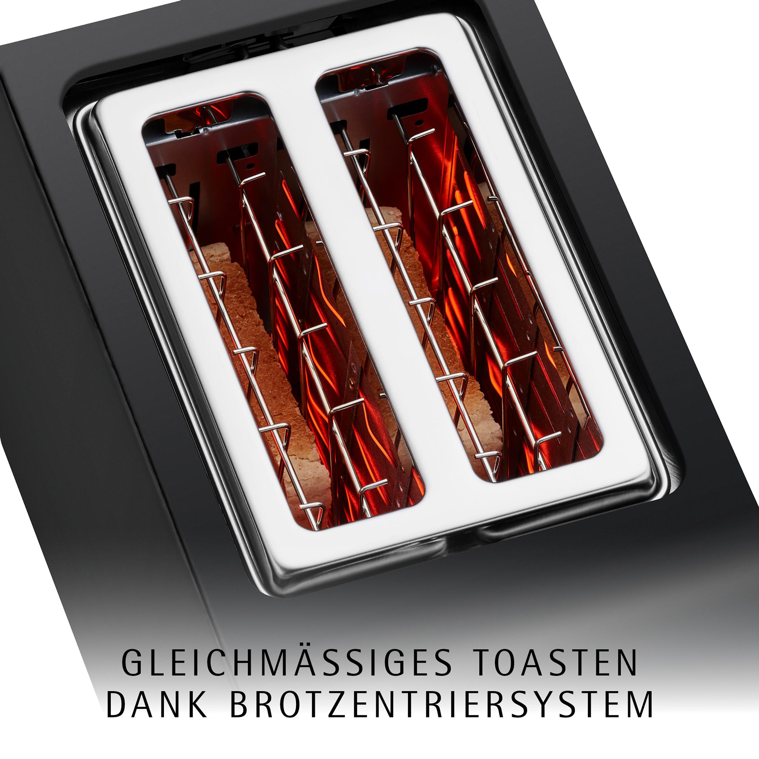 Ein Toaster mit zwei Schlitzen, innen leuchtet er rot. Brot ist drin.