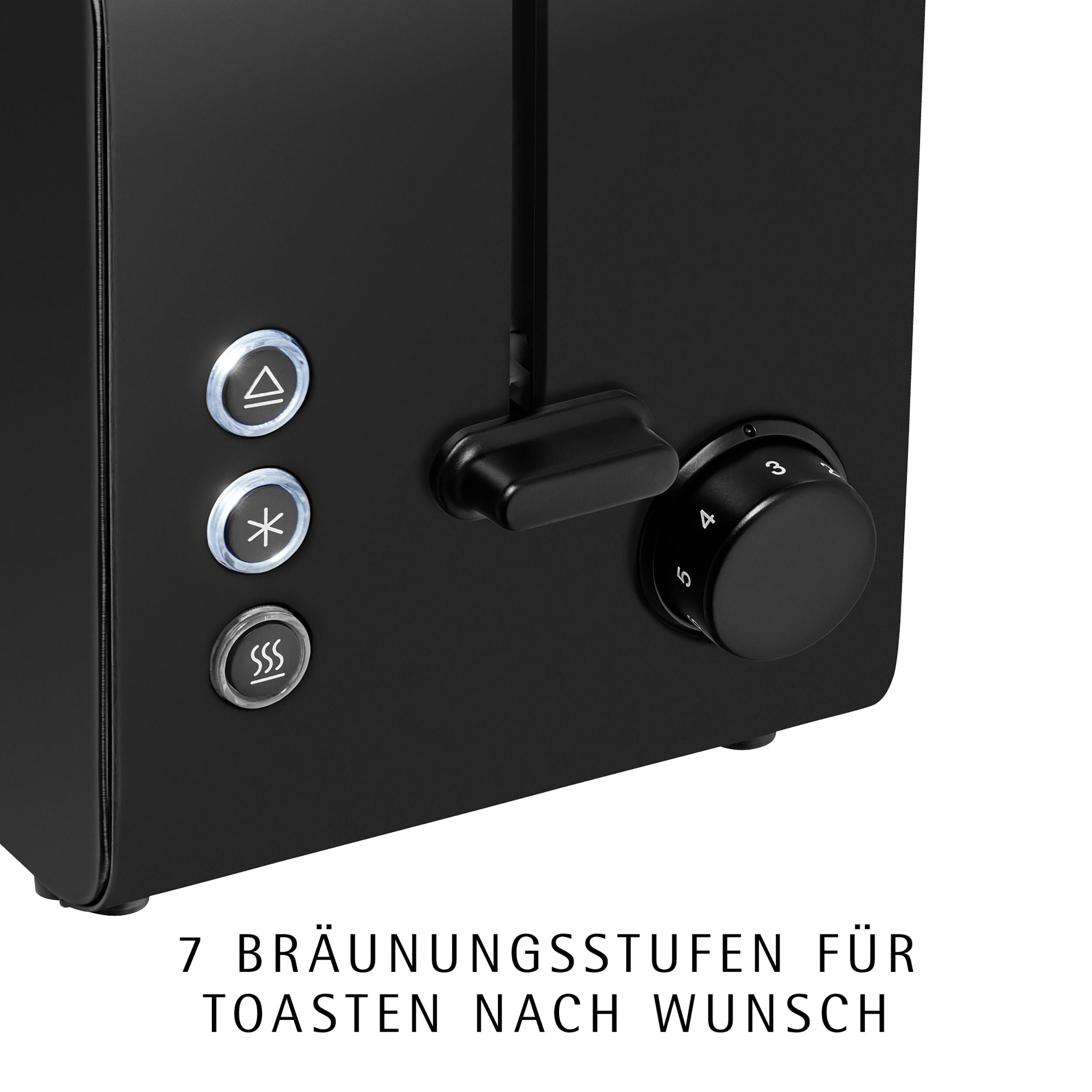 Schwarzer Toaster mit Bedienelementen und Bräunungsstufen-Anzeige.