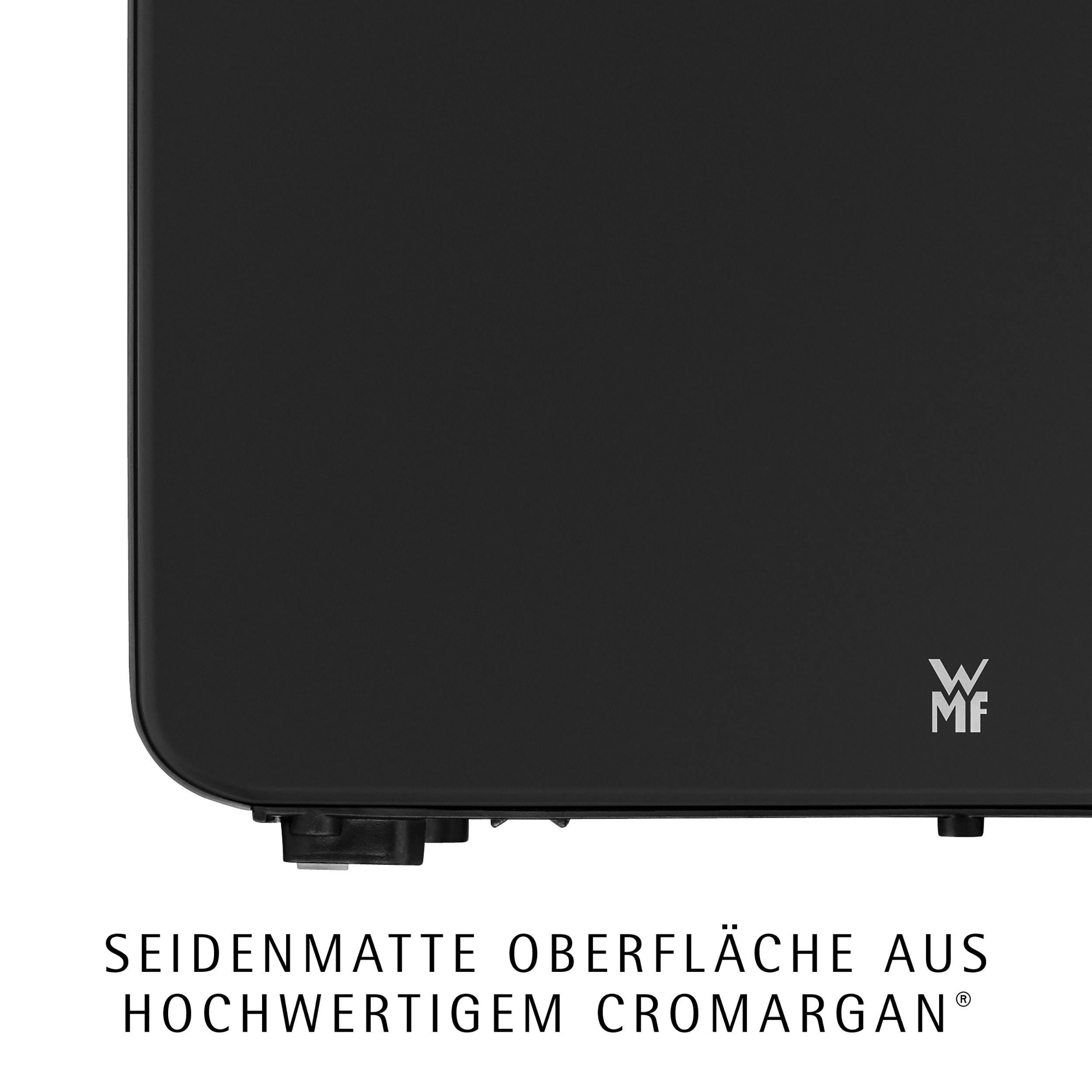 Schwarzes Gerät mit WMF-Logo und Text 'Seidenmatte Oberfläche aus hochwertigem Cromargan'.