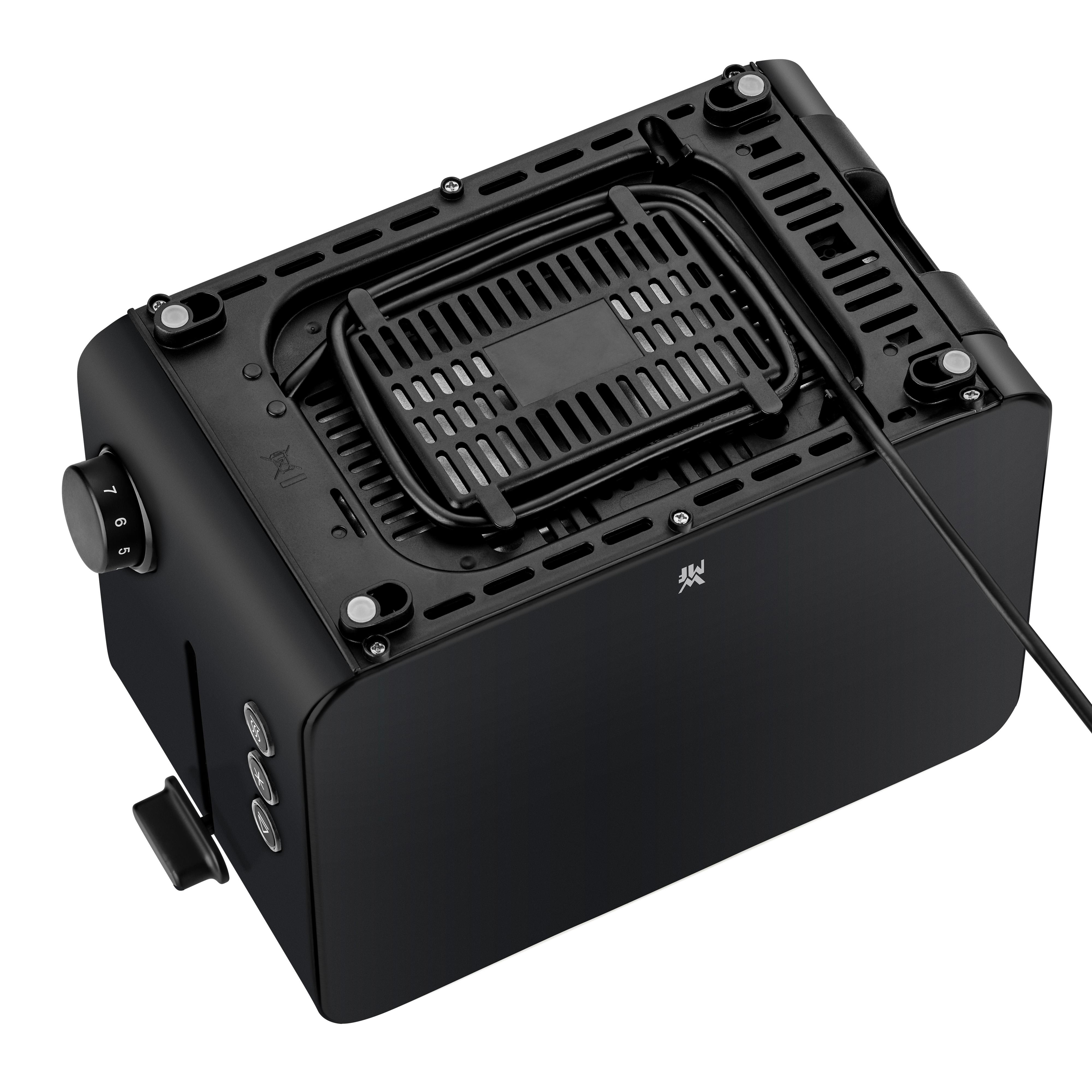 Schwarzer Toaster von unten mit Lüftungsschlitzen und Bedienelementen.