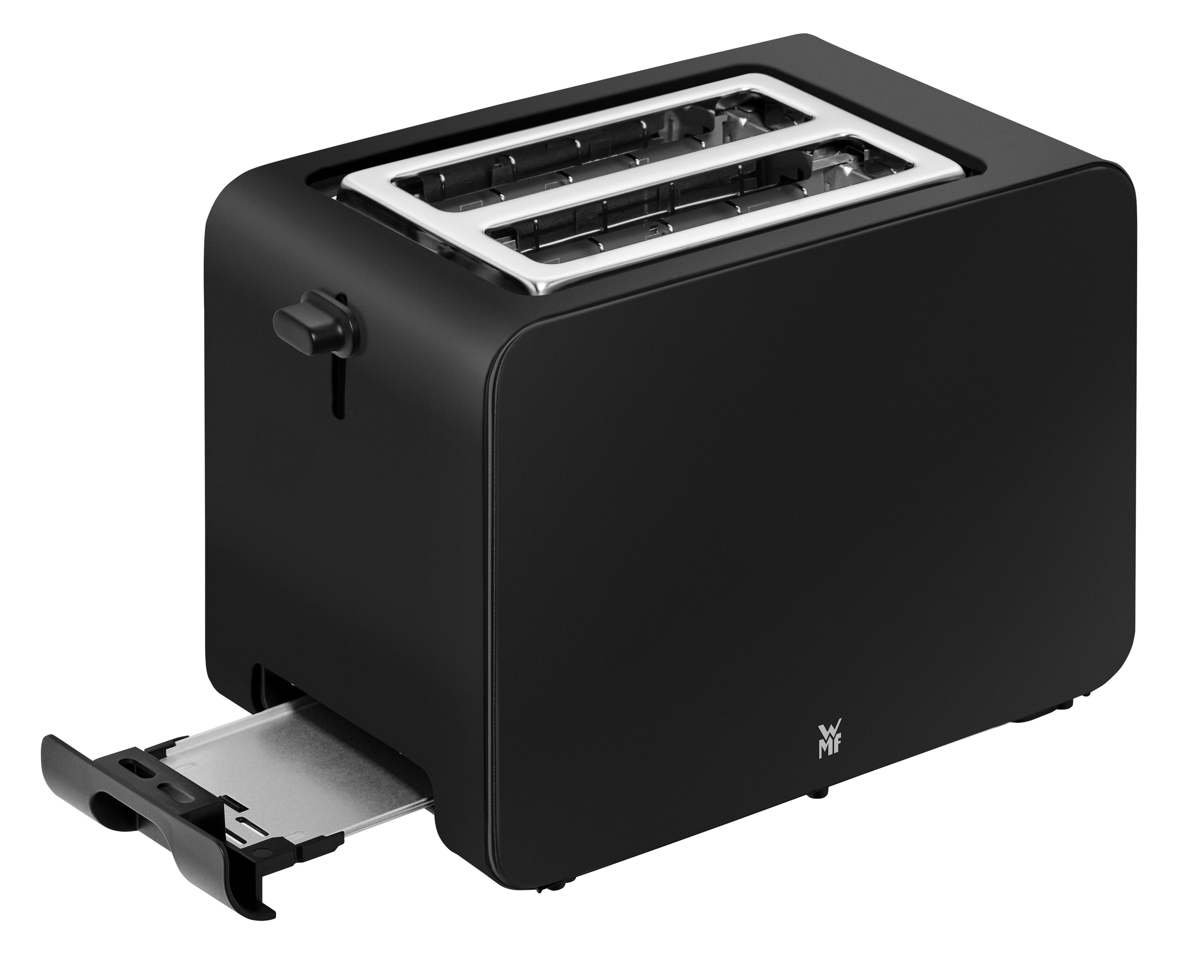 Schwarzer Toaster mit zwei Schlitzen und herausziehbarer Krümelschublade.
