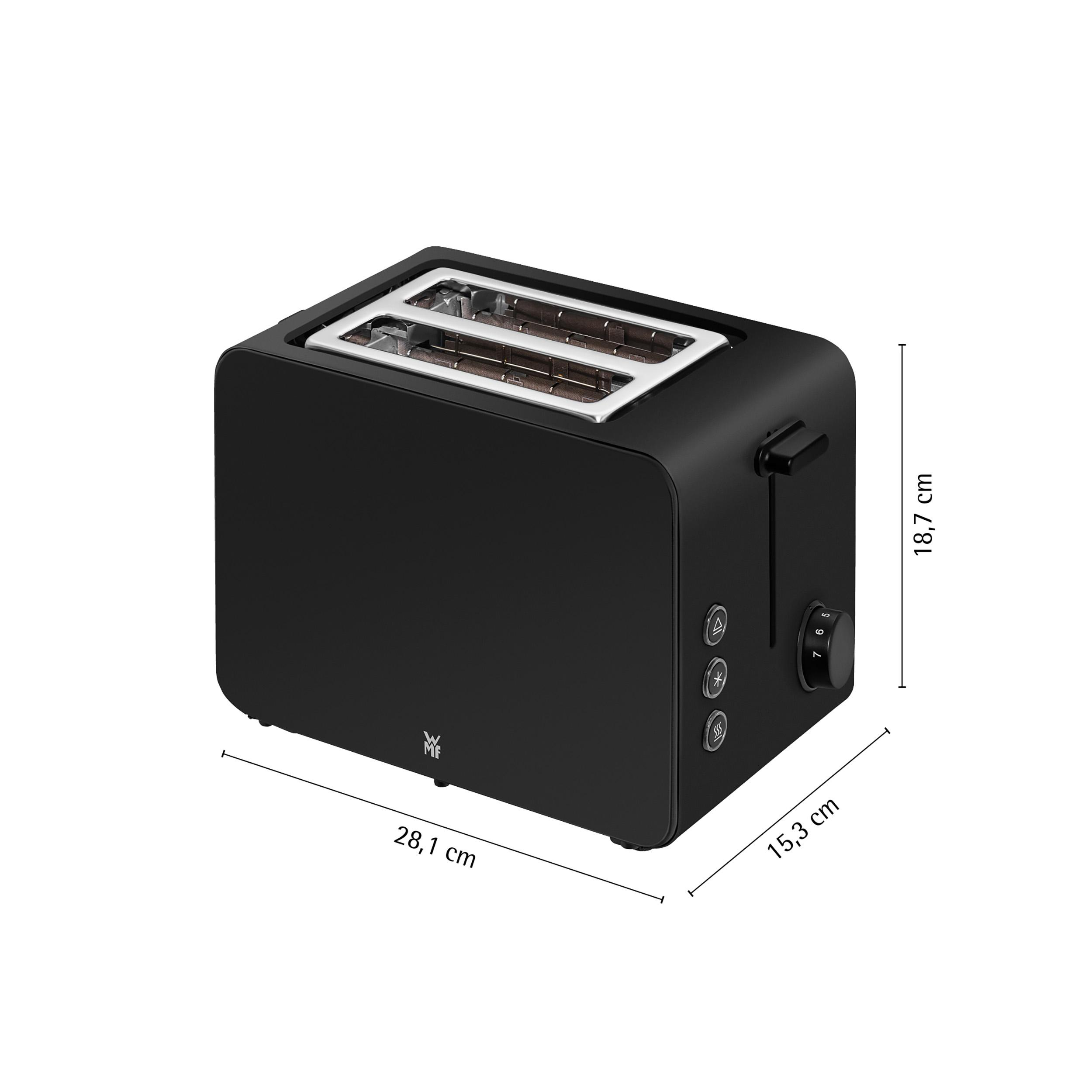 Schwarzer Toaster mit zwei Schlitzen und Bedienelementen, Maße angegeben.