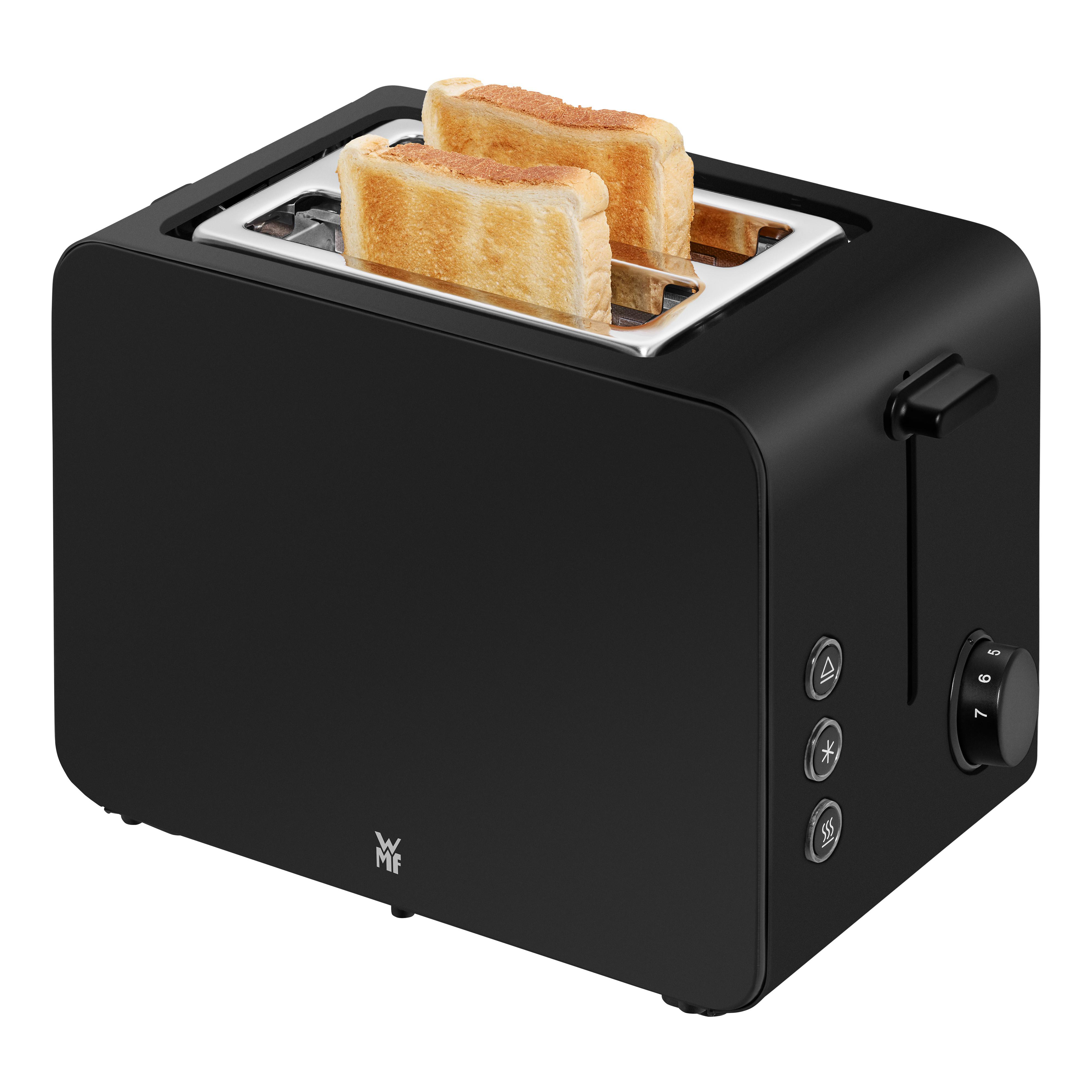 Schwarzer Toaster mit zwei fertigen Toastbrotscheiben.