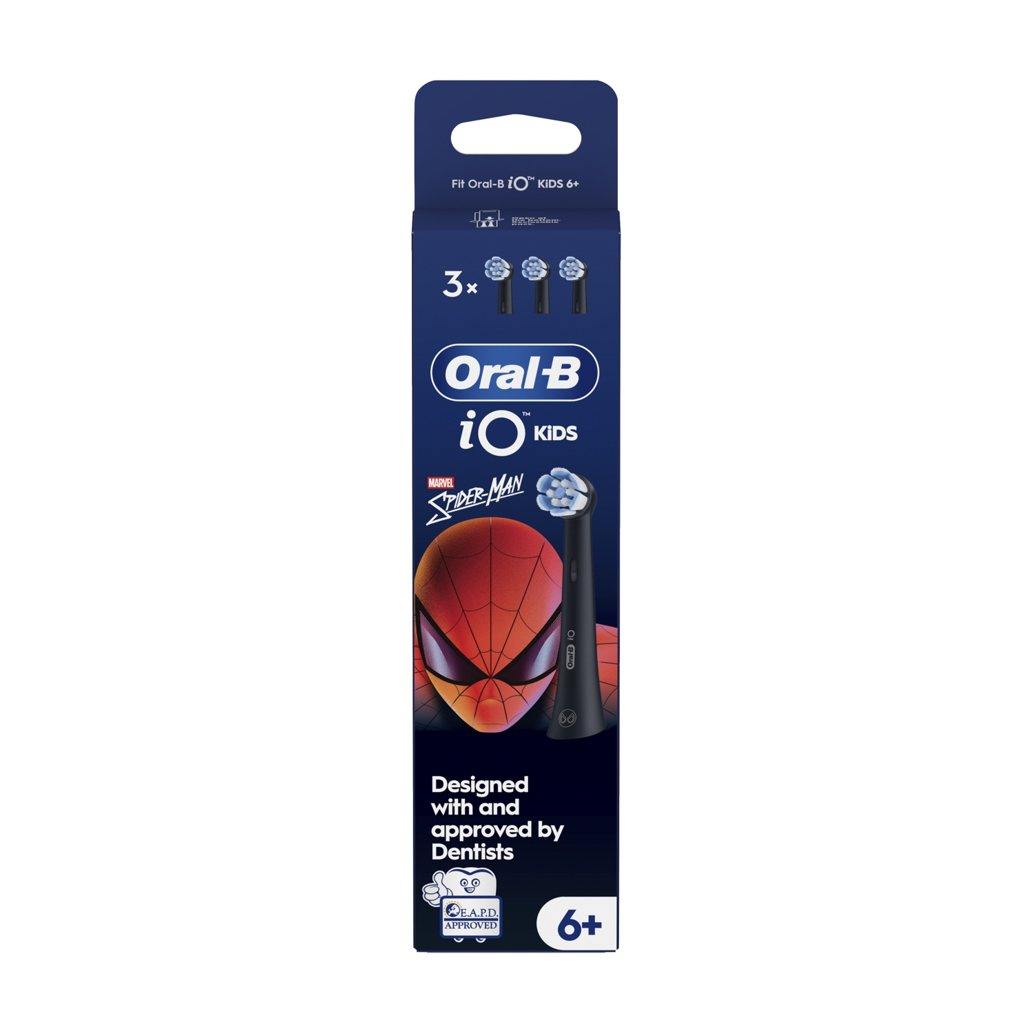 Testine Oral-B iO Kids 6+, confezione da 3, con design di Spider-Man.