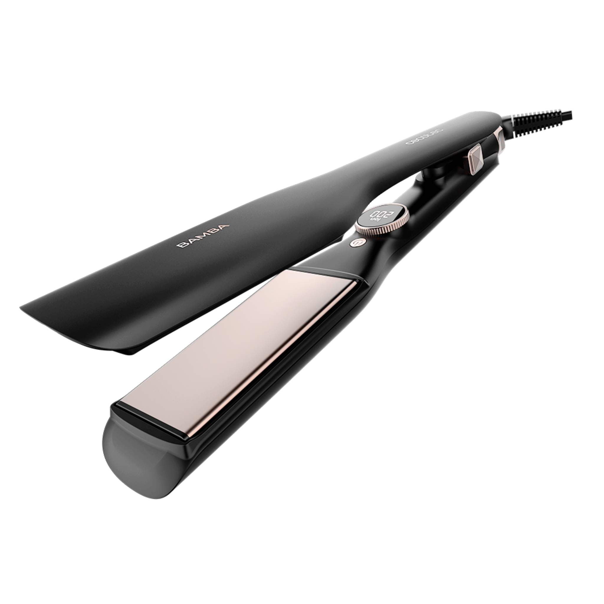Plancha de pelo negra con placas de oro rosa y pantalla digital.