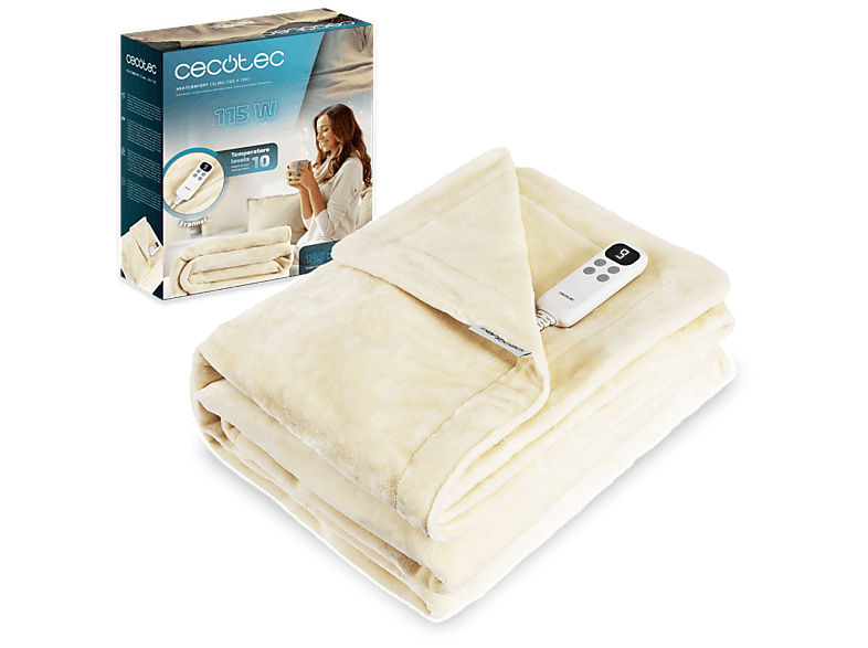 Manta eléctrica - Cecotec HeatConfort Calma (180 x 130), 115 W, 180 130 cm, 10 niveles, temporizador, Tecnología PTC + NTC, Crema