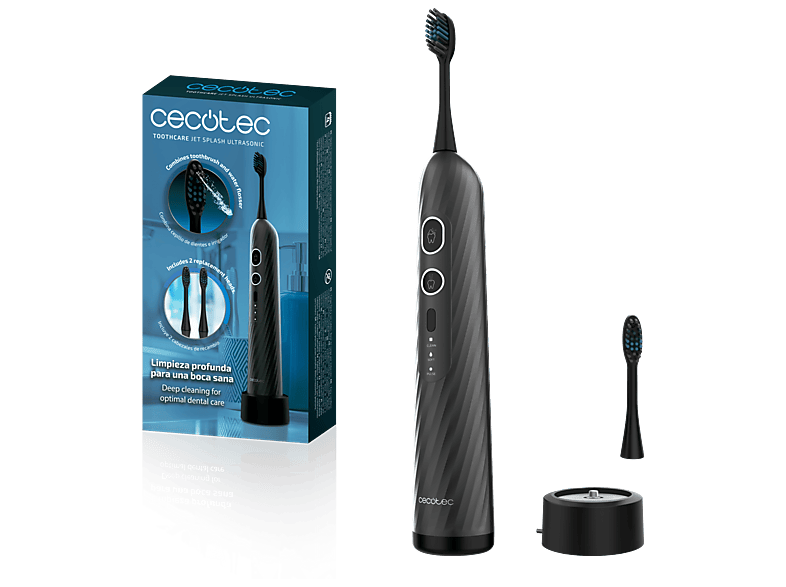 Cepillo eléctrico - Cecotec ToothCare Jet Splash UltraSonic, 3 modos, Base de carga, Autonomía 4 semanas, IPX7, e irrigador 2 en 1, Negro
