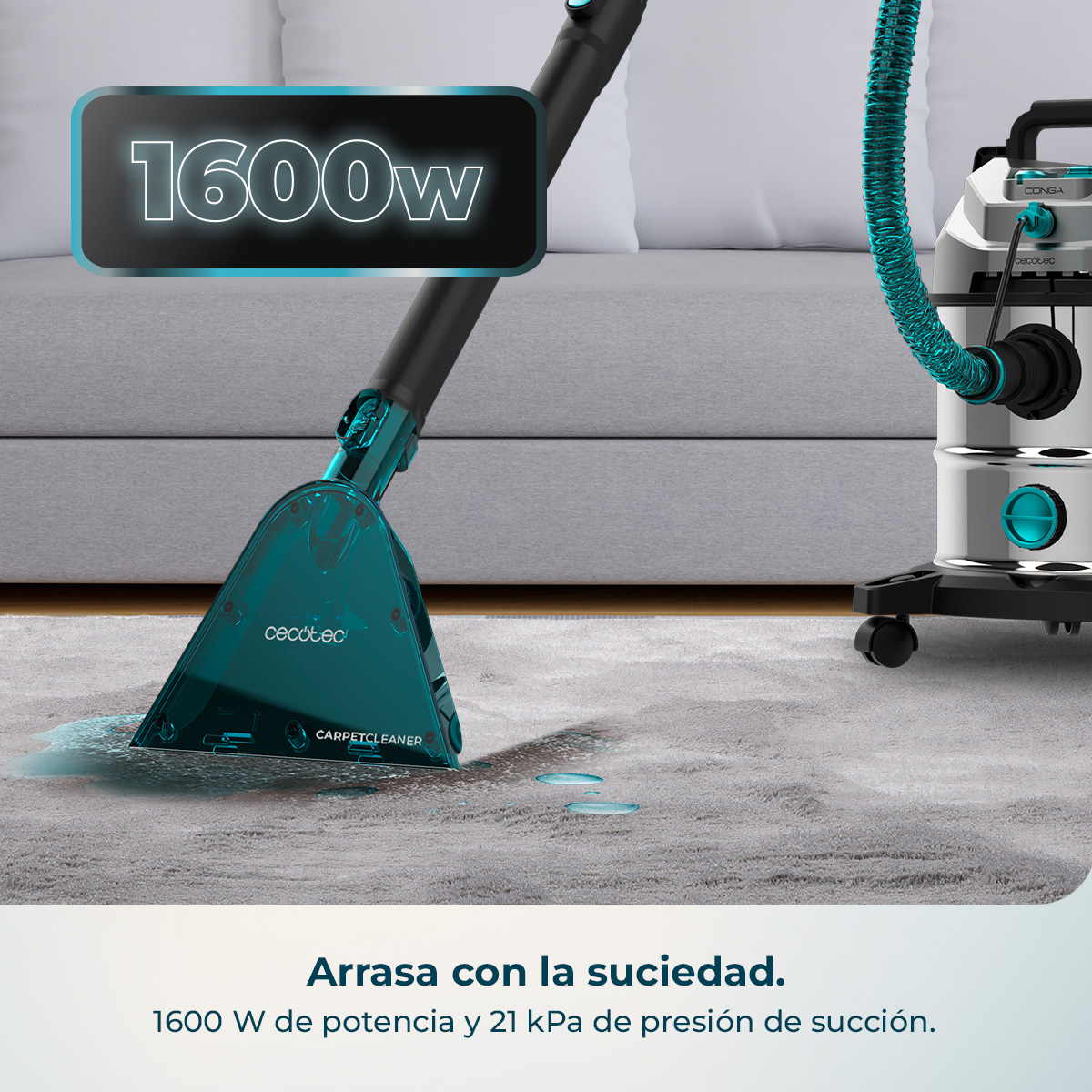 Un limpiador de alfombras de 1600W aspira líquido de una alfombra.