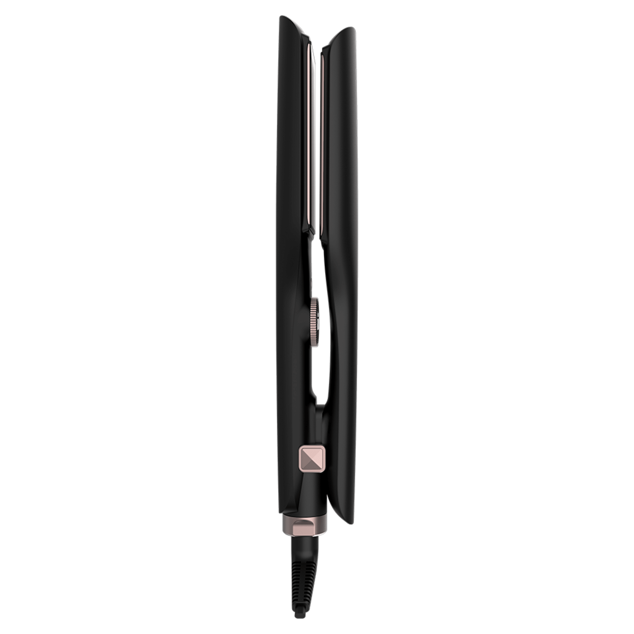Plancha de pelo negra con detalles en oro rosa y dial de control.