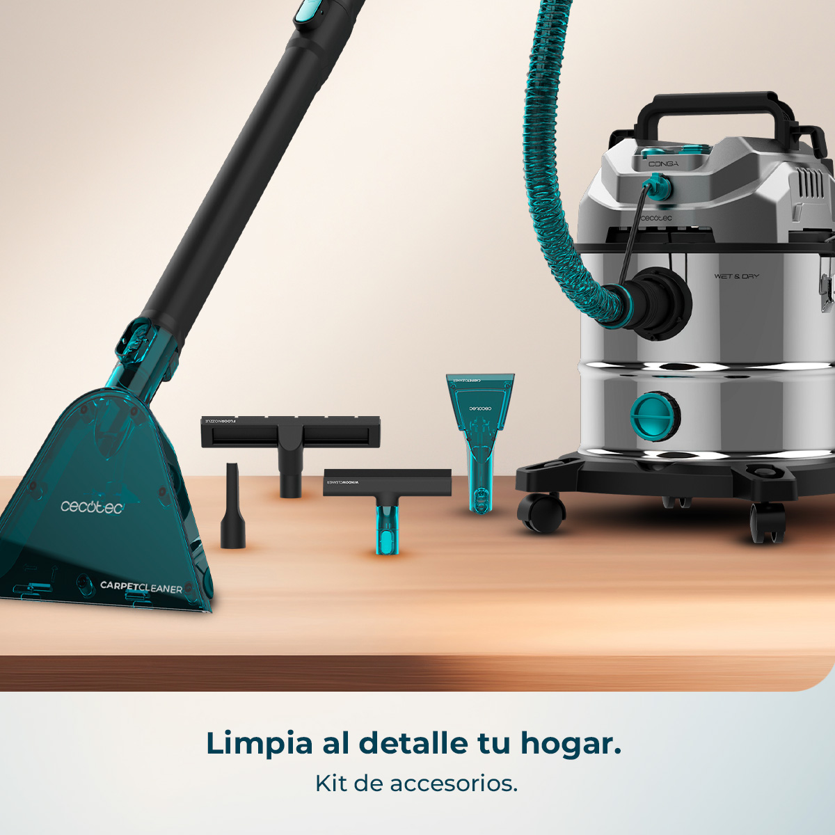 Una aspiradora de líquidos y sólidos con accesorios sobre mesa.