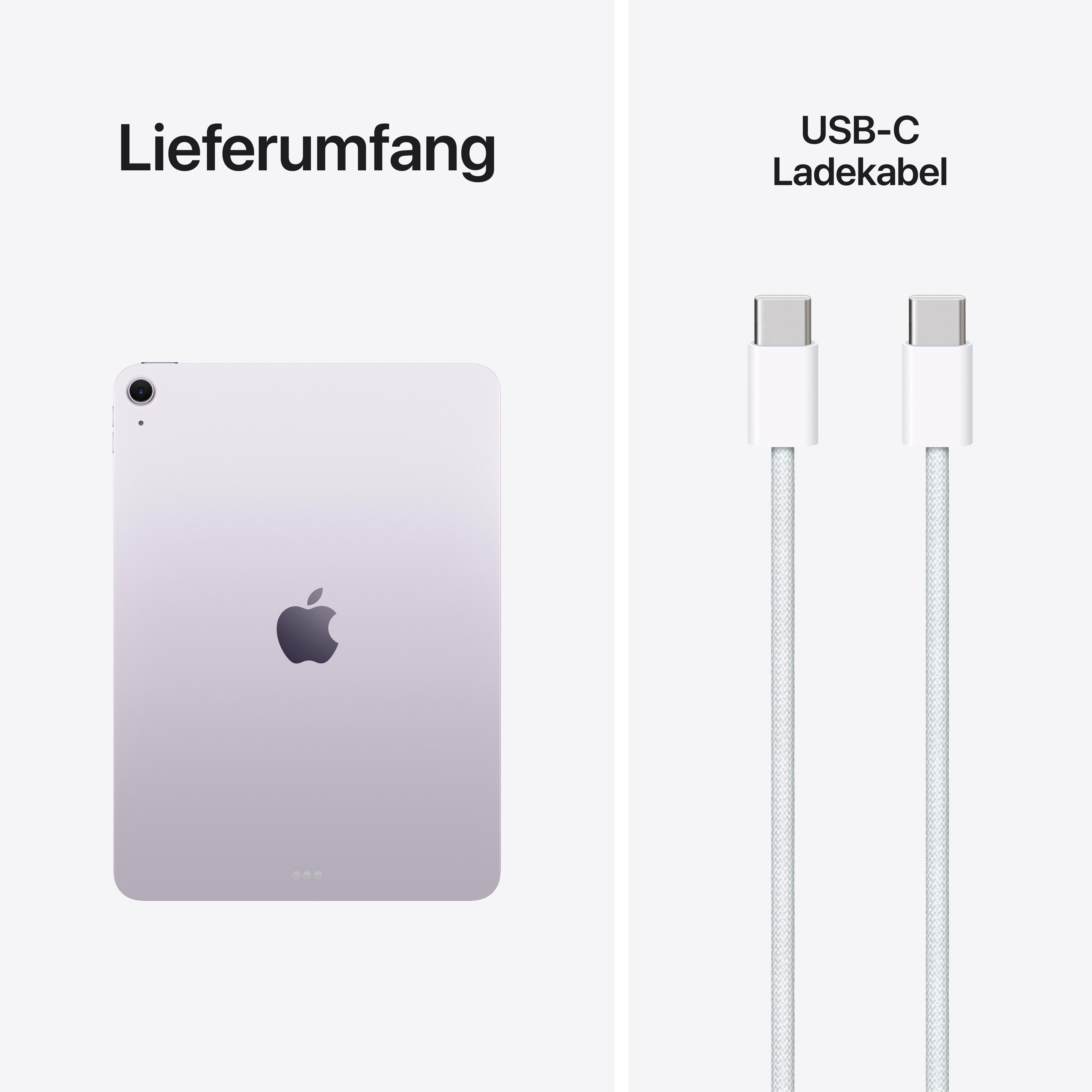 Ein lilafarbenes Tablet mit einem Apple-Logo und zwei weißen USB-C-Ladekabeln.